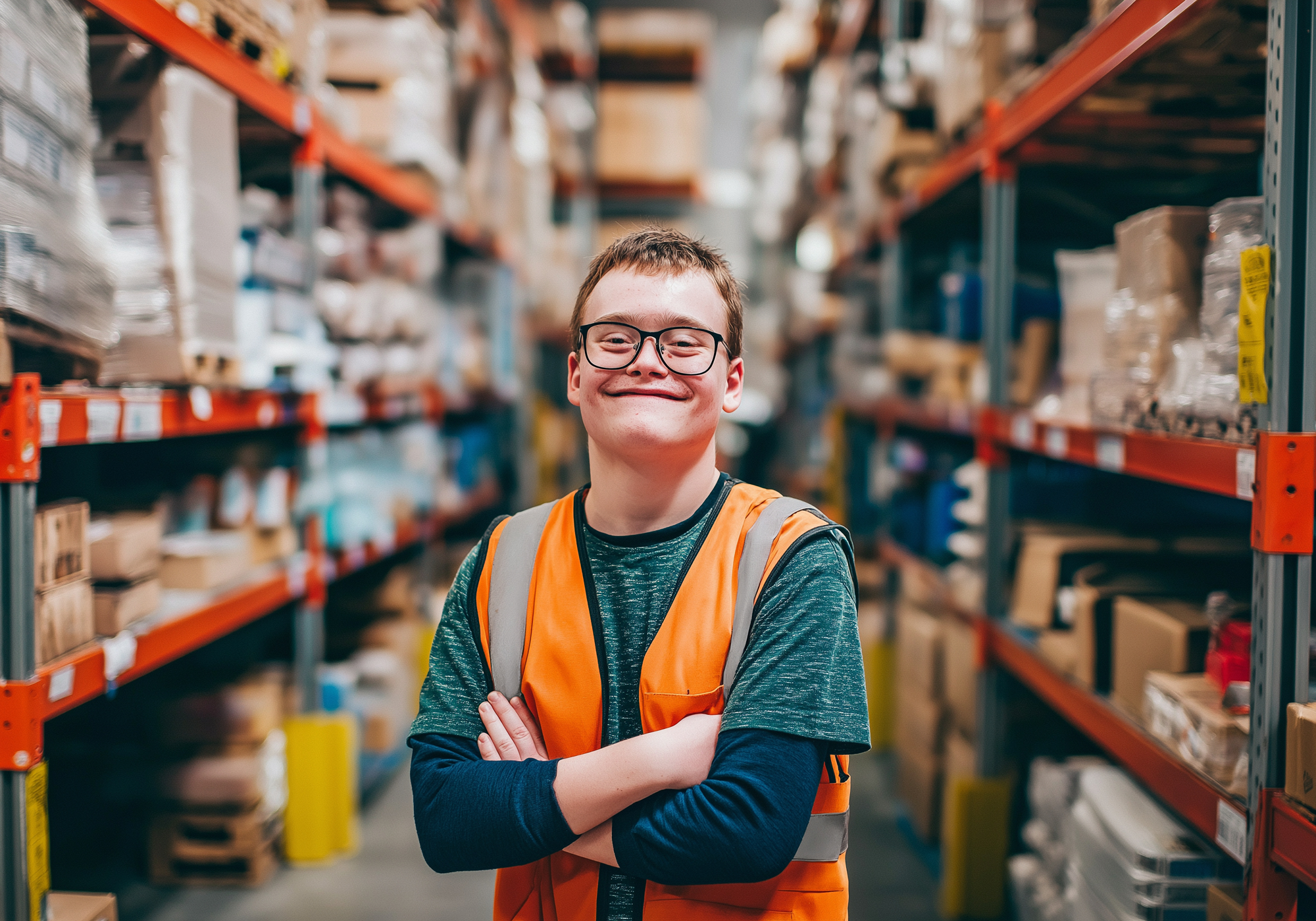 Person wearing an orange safety vest in a warehouse setting