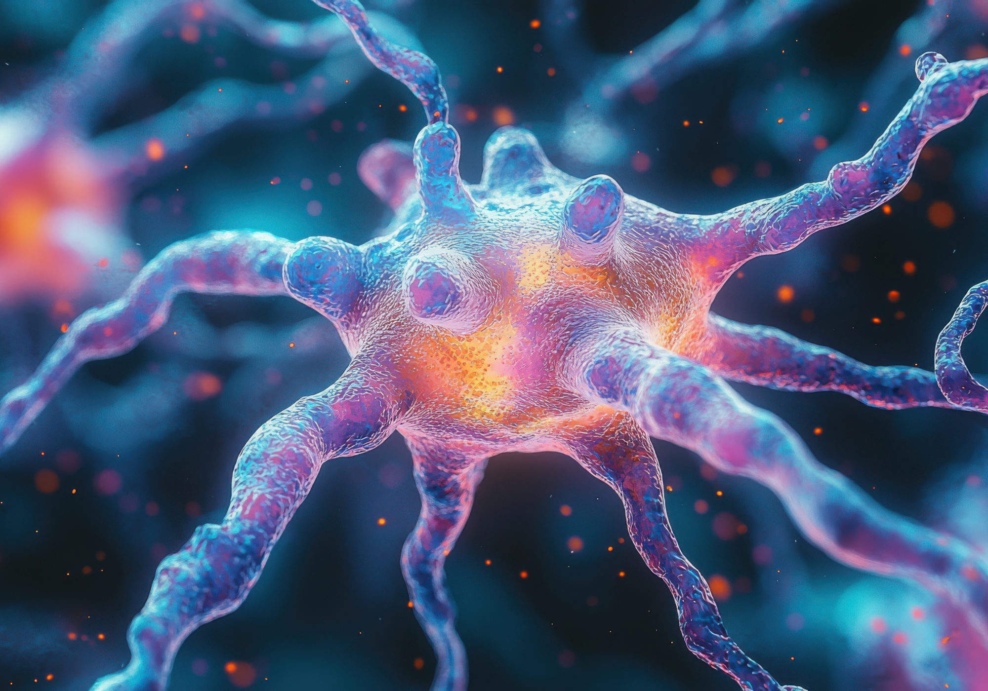 Colorful depiction of a neuron with branching extensions on a dark background