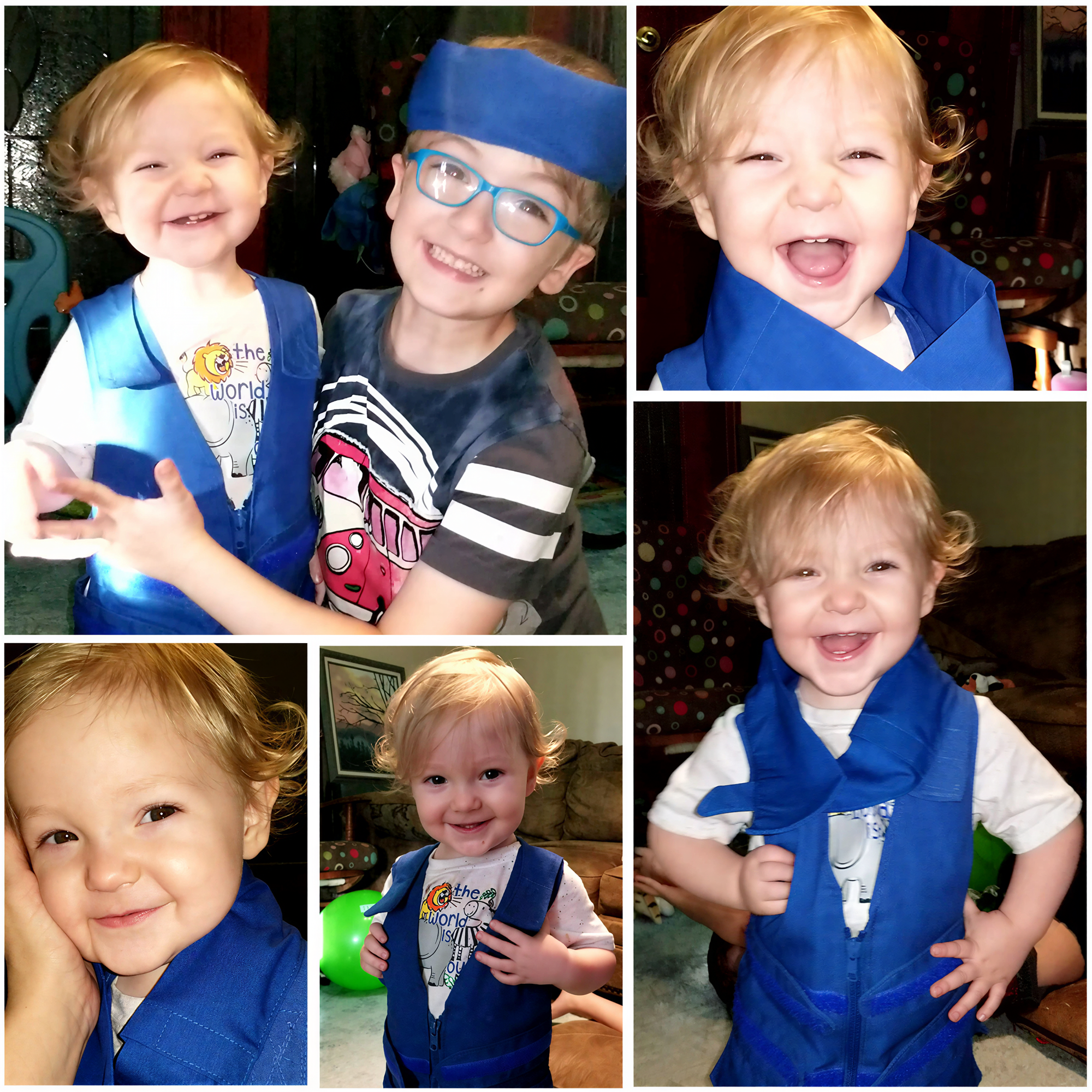 Collage of a young child in various poses wearing a blue adjustable cooling vest and smiling.