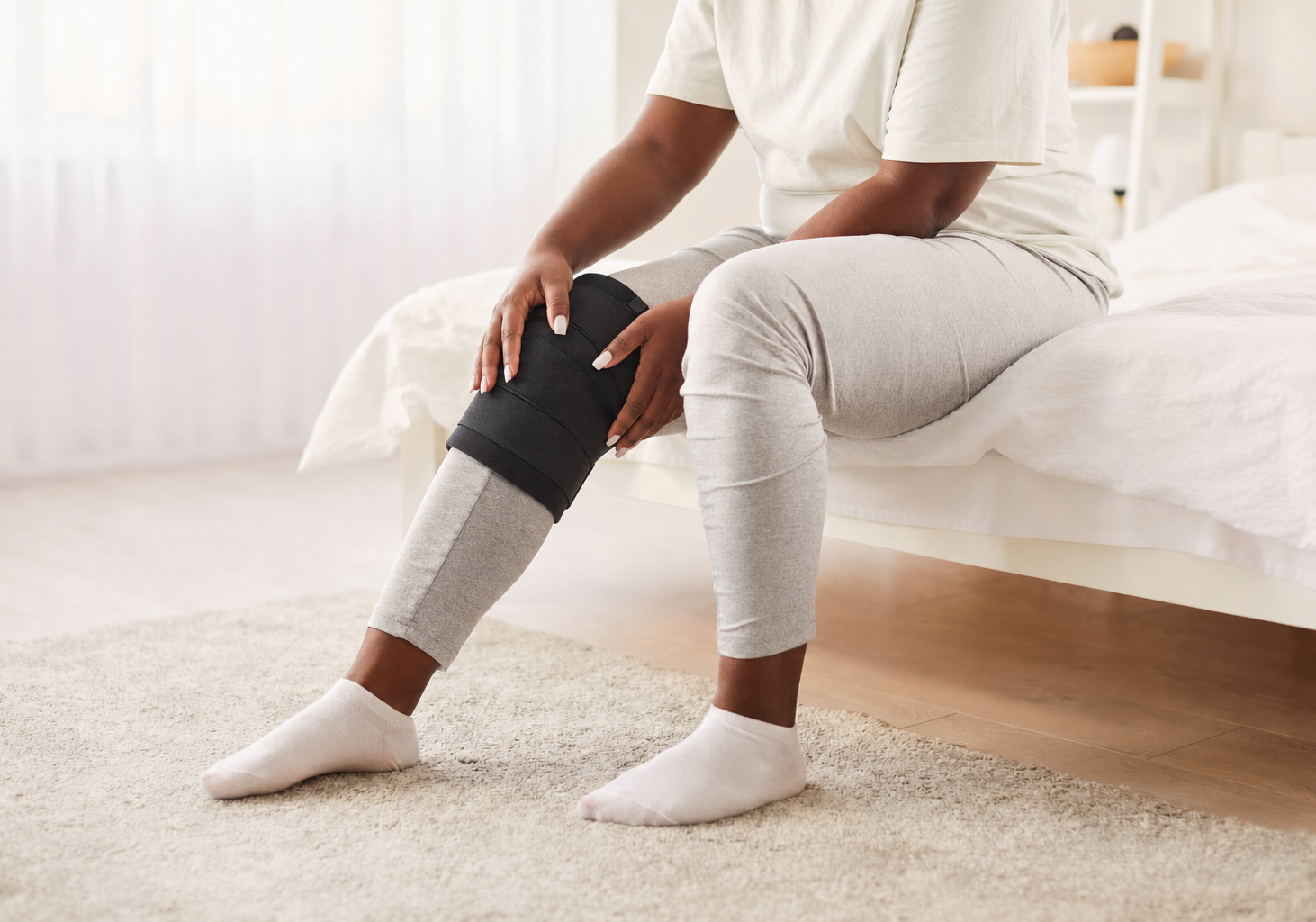 A person sitting on a bed in a bright bedroom, holding a black Soft Ice® knee wrap on their leg. They are wearing light gray leggings, a white t-shirt, and white socks.