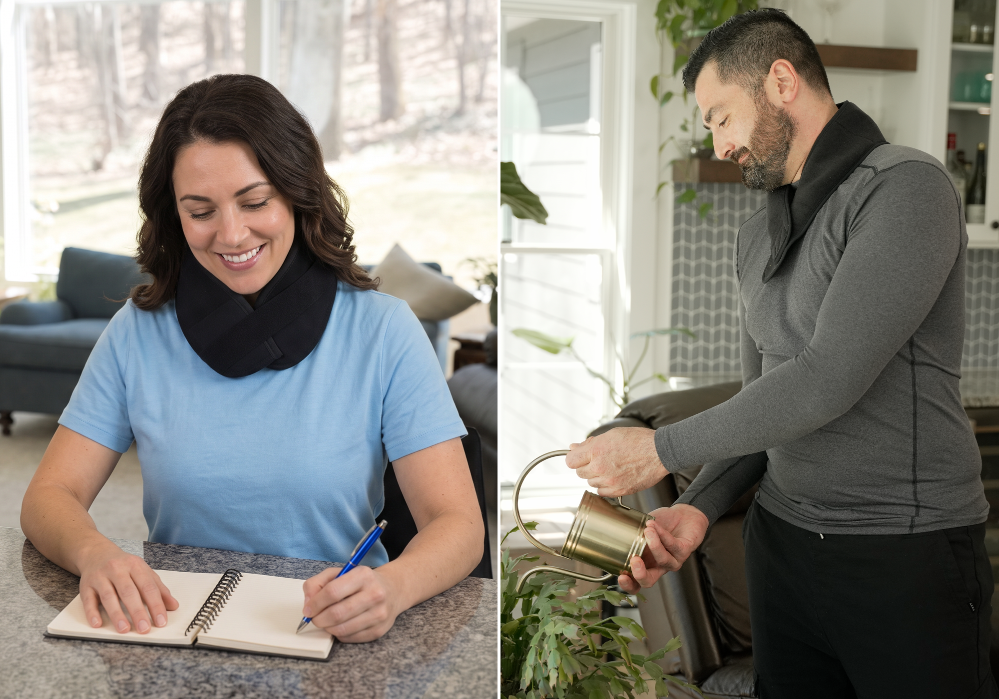 A split-screen lifestyle image showing two people wearing a black neck compression support collar. On the left, a woman in a light blue shirt is sitting at a table writing in a notebook.