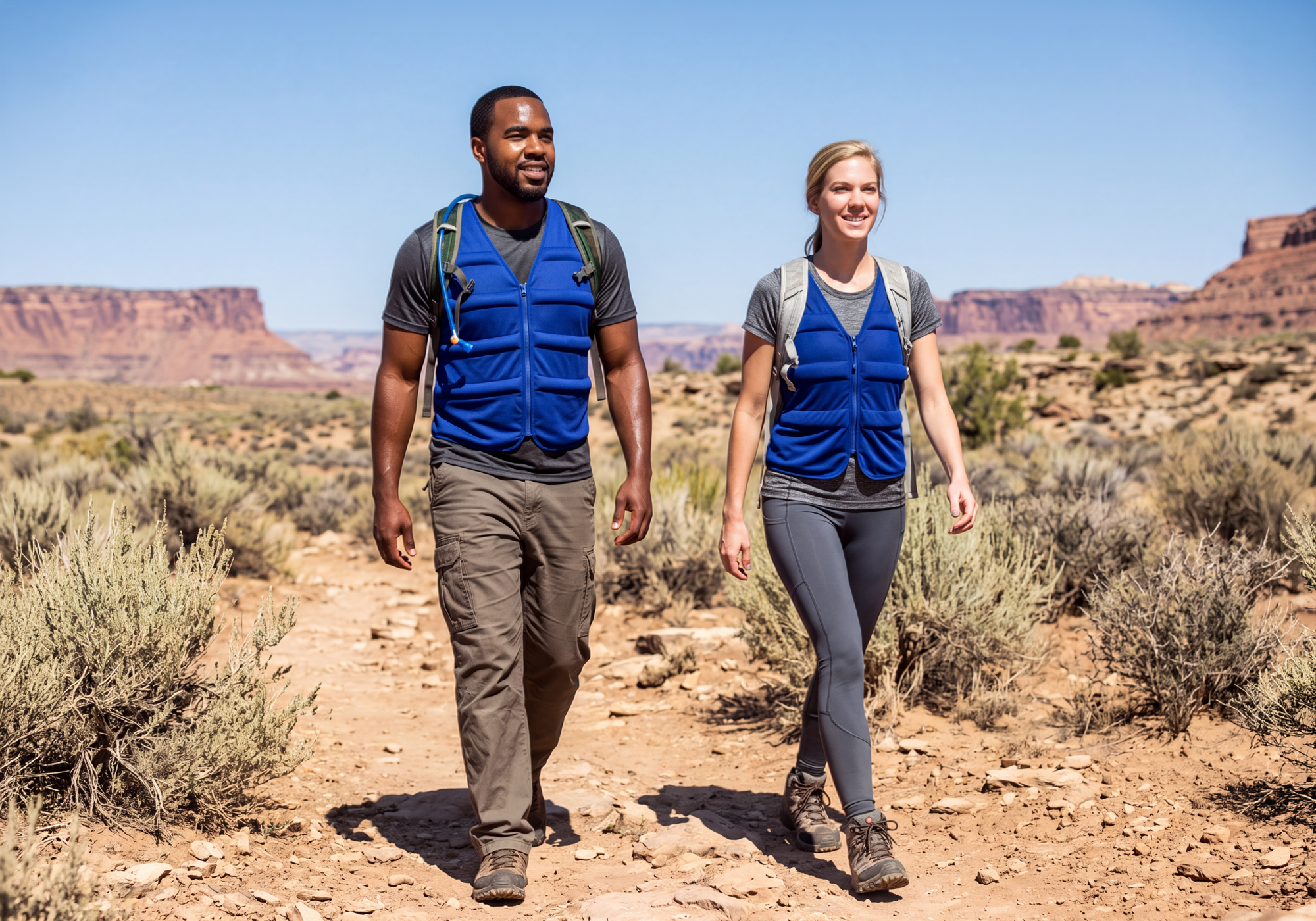 Two hikers walking on a desert trail wearing matching blue evaporative cooling vests over gray shirts, with red rock desert formations in the background under a clear blue sky.
