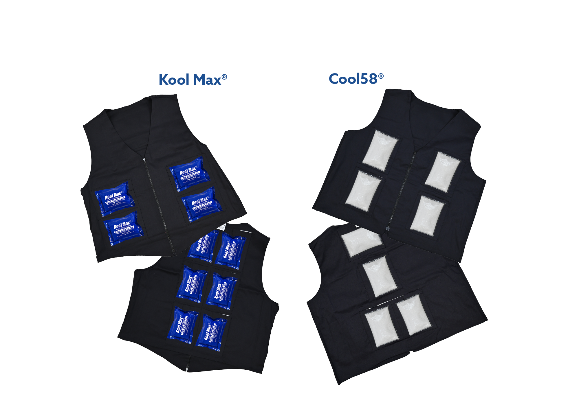 Black cooling vests with blue and white cooling packs on a white background