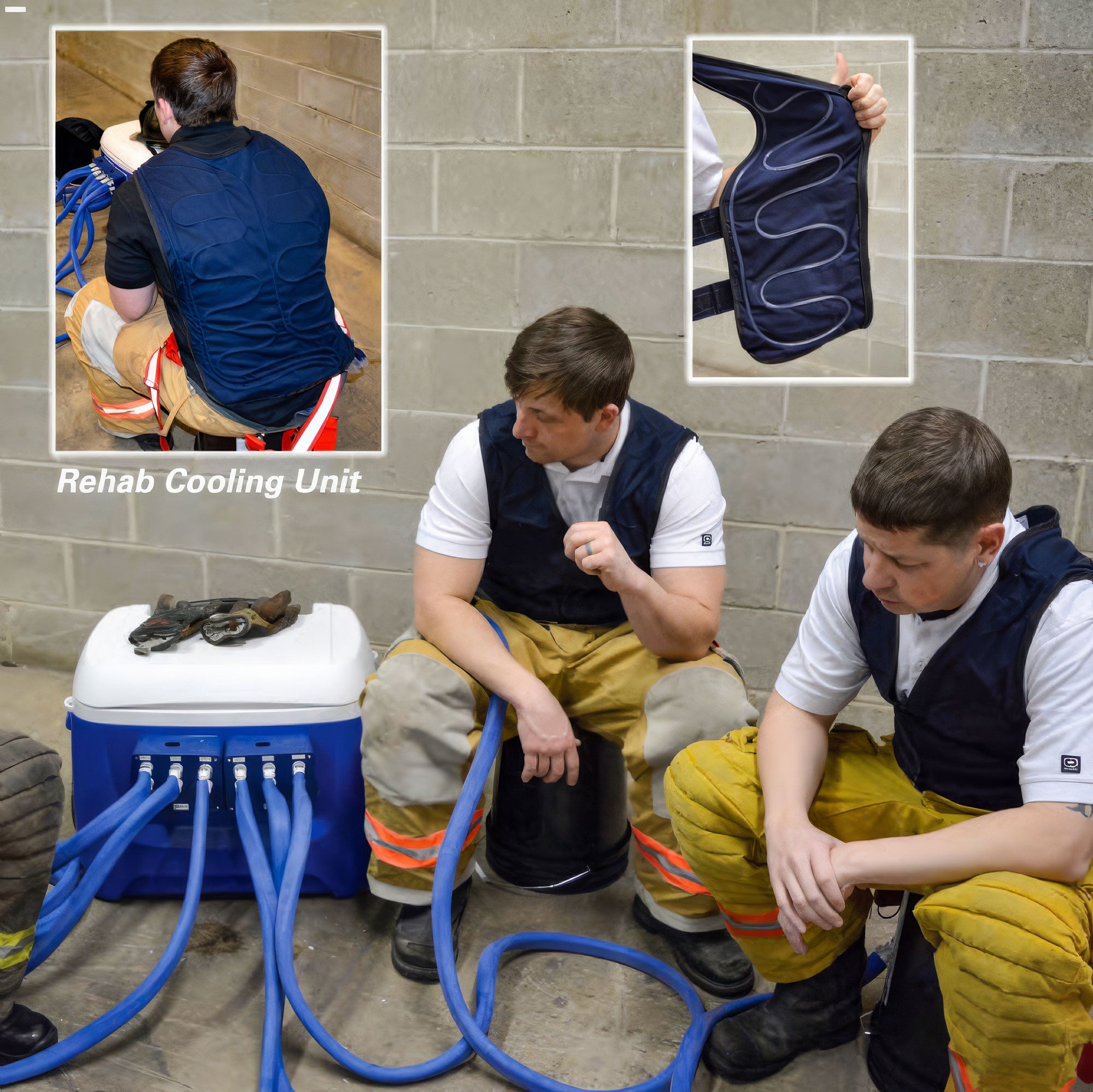 Two individuals in fire service gear using a Rehab Cooling Unit against a brick wall.