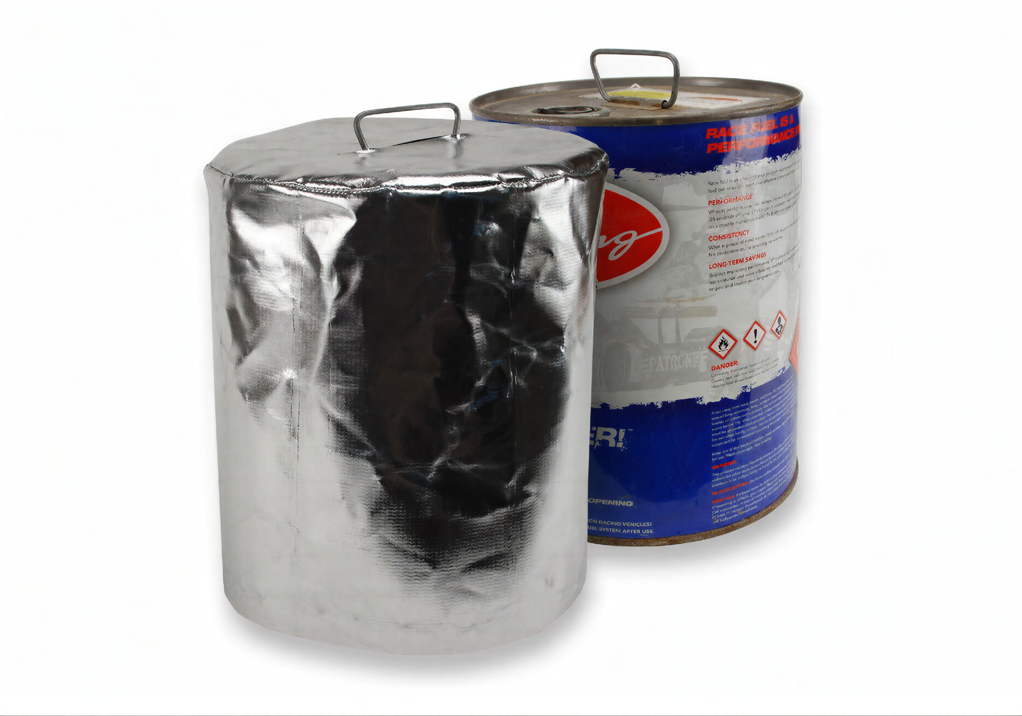 A silver foil-wrapped cylindrical container with a metal handle in front of a blue and white canister with a red logo, photographed on a white background.