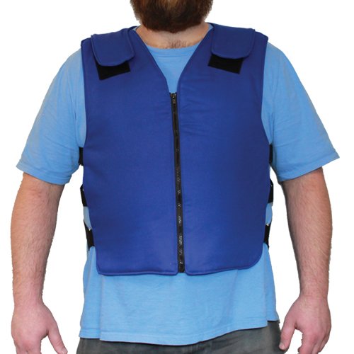 Person wearing a blue nomex® adjustable cooling vest over a light blue shirt on a white background