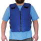 Person wearing a blue nomex® adjustable cooling vest over a light blue shirt on a white background