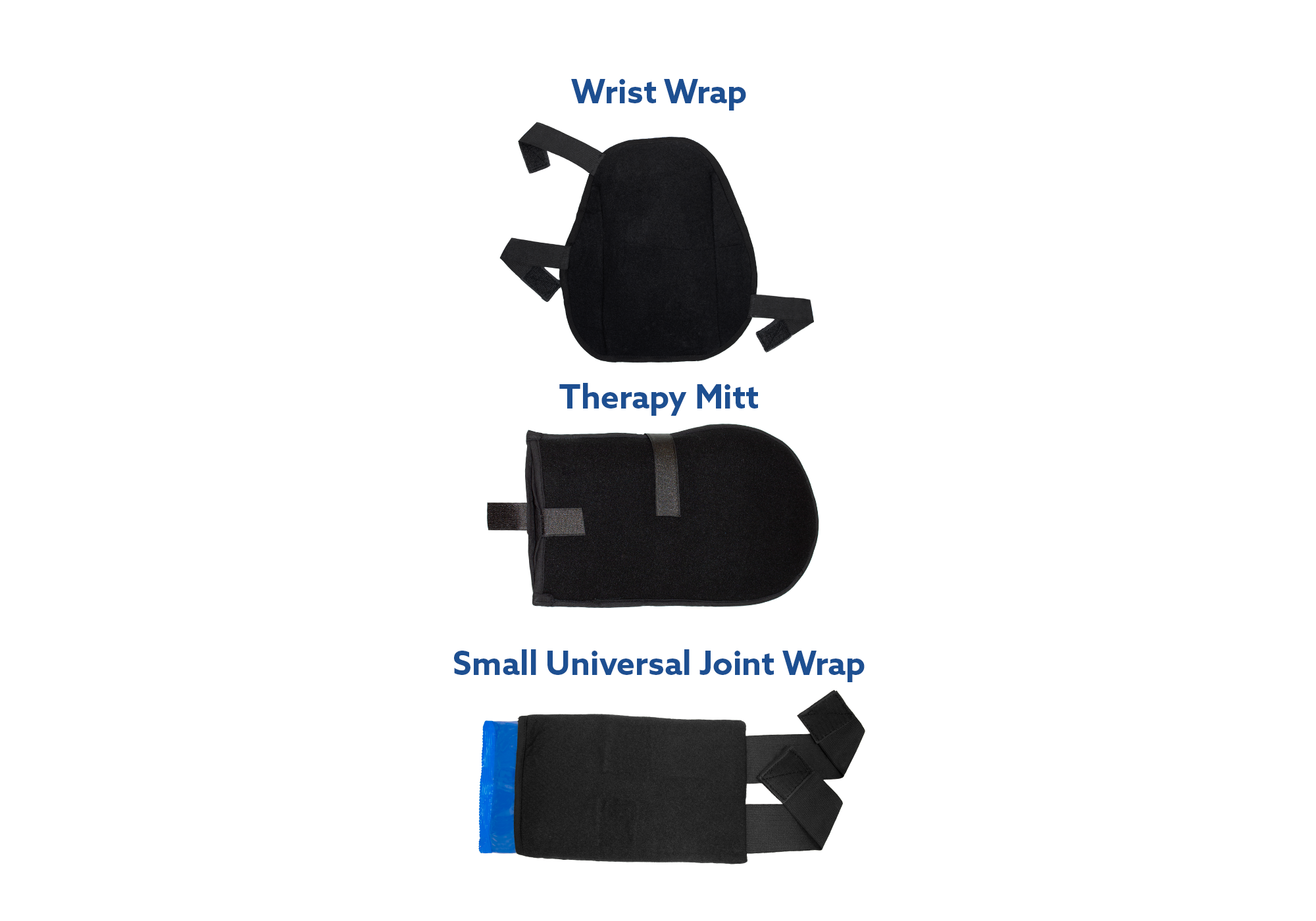 Three black Soft Ice® wrap products shown on a white background with blue text labels: Wrist Wrap, Therapy Mitt, and Small Universal Joint Wrap.