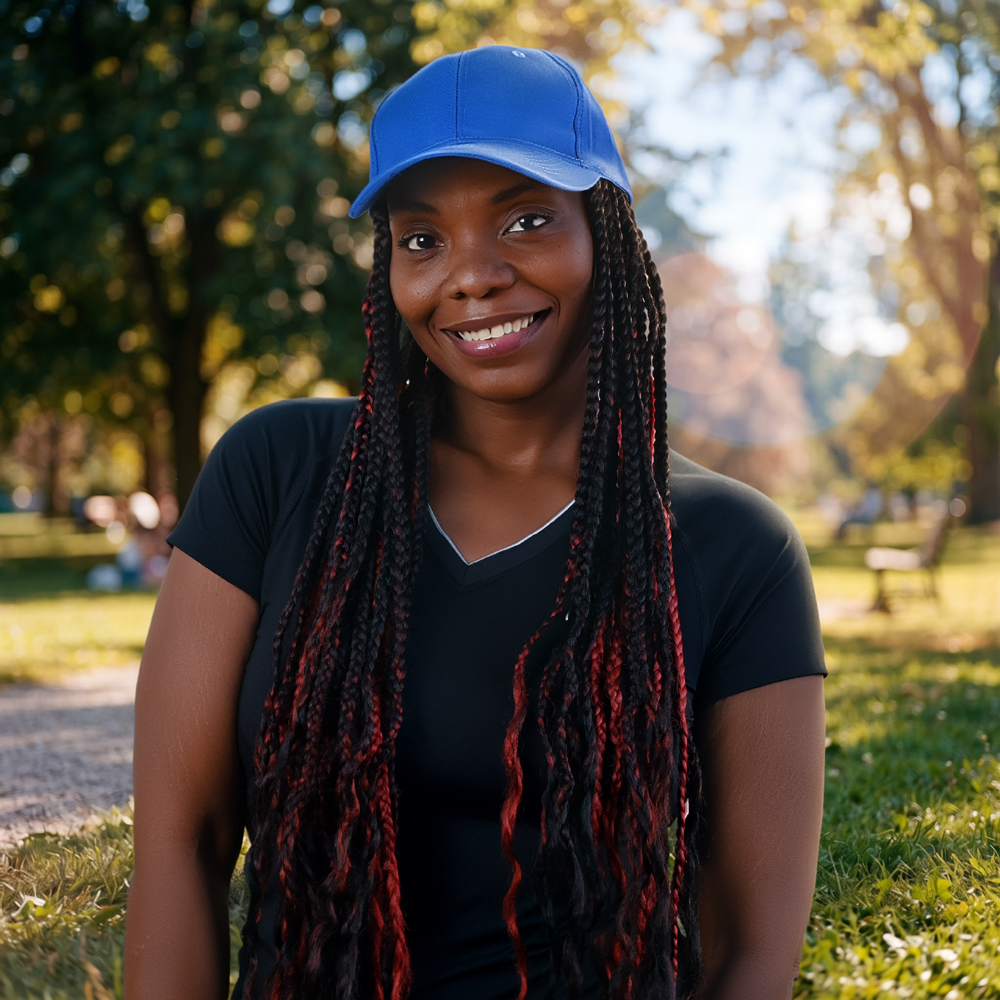 Woman wearing a blue cooling baseball cap and black shirt with red braids in a park setting