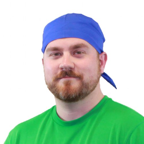 Man wearing a blue cooling bandana and green shirt on a white background
