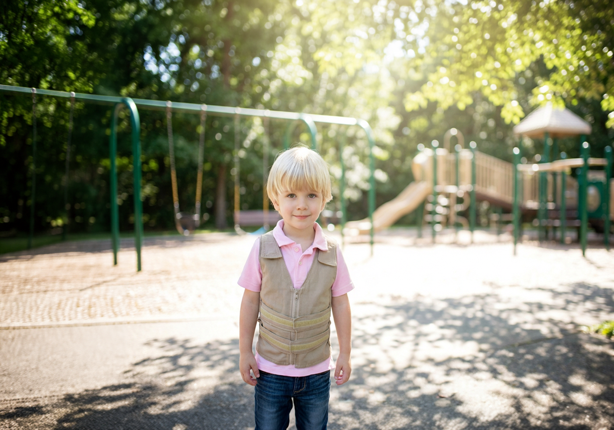 Young boy standing on a playground with trees and equipment in the background, wearing a cooling vest