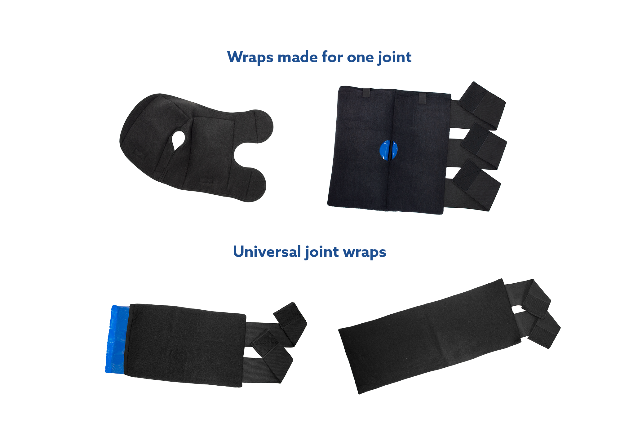 Four black Soft Ice® compression wraps shown on a white background with blue text labels reading 'Wraps made for one joint' and 'Universal joint wraps'.