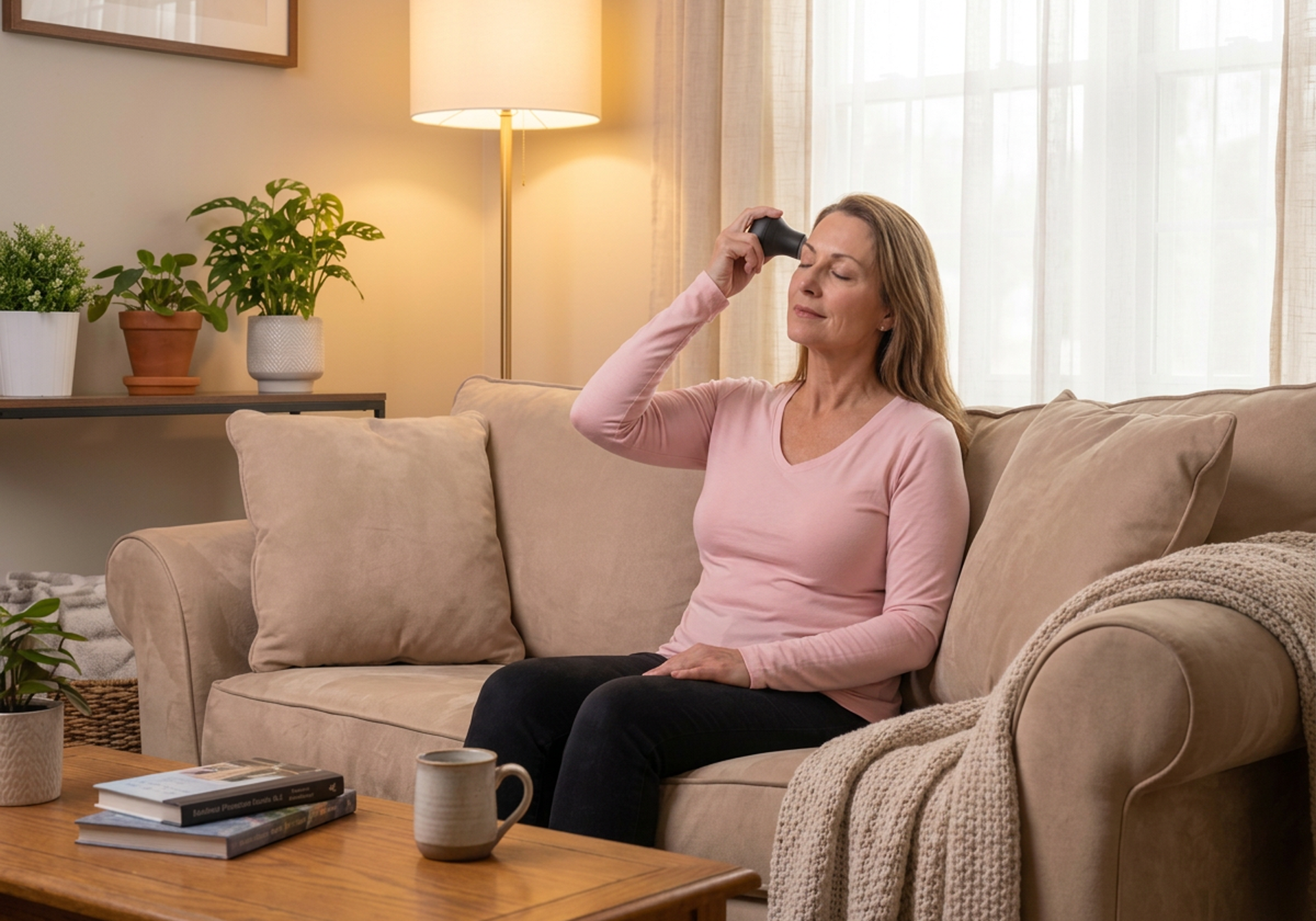 Woman sitting on a couch in a living room with plants and a lamp in the background.