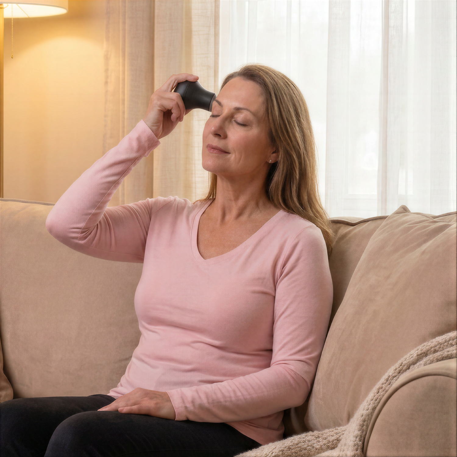 A woman sitting on a beige couch holds a black handheld roller ice® against her forehead in a home setting with warm lighting and curtains.