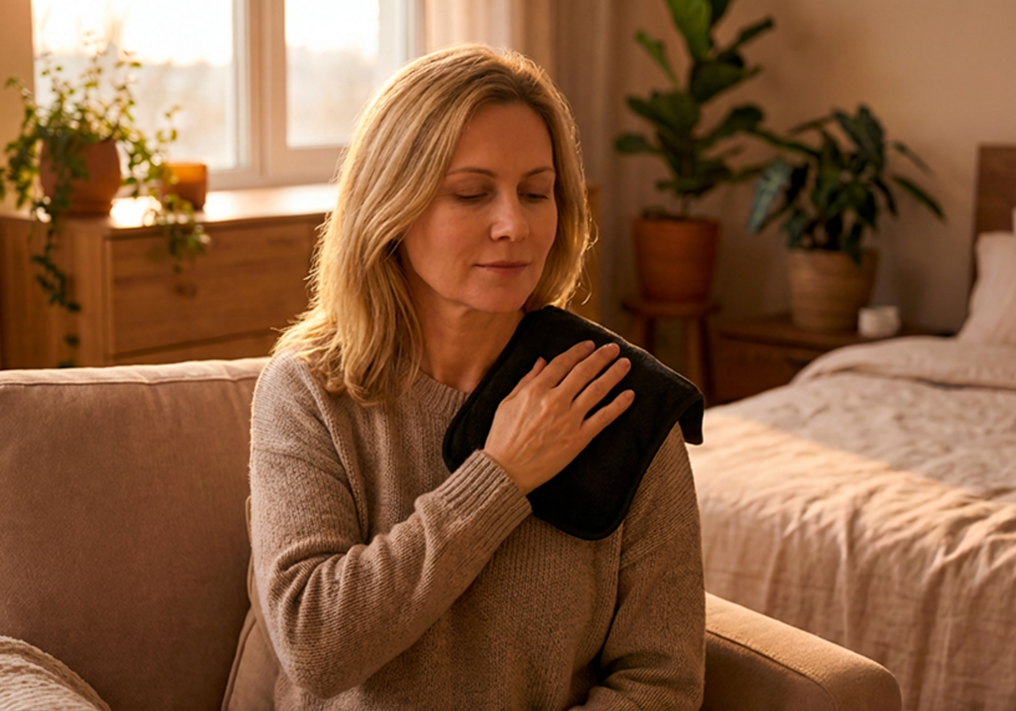 Woman holding a heating pad in a cozy living room.