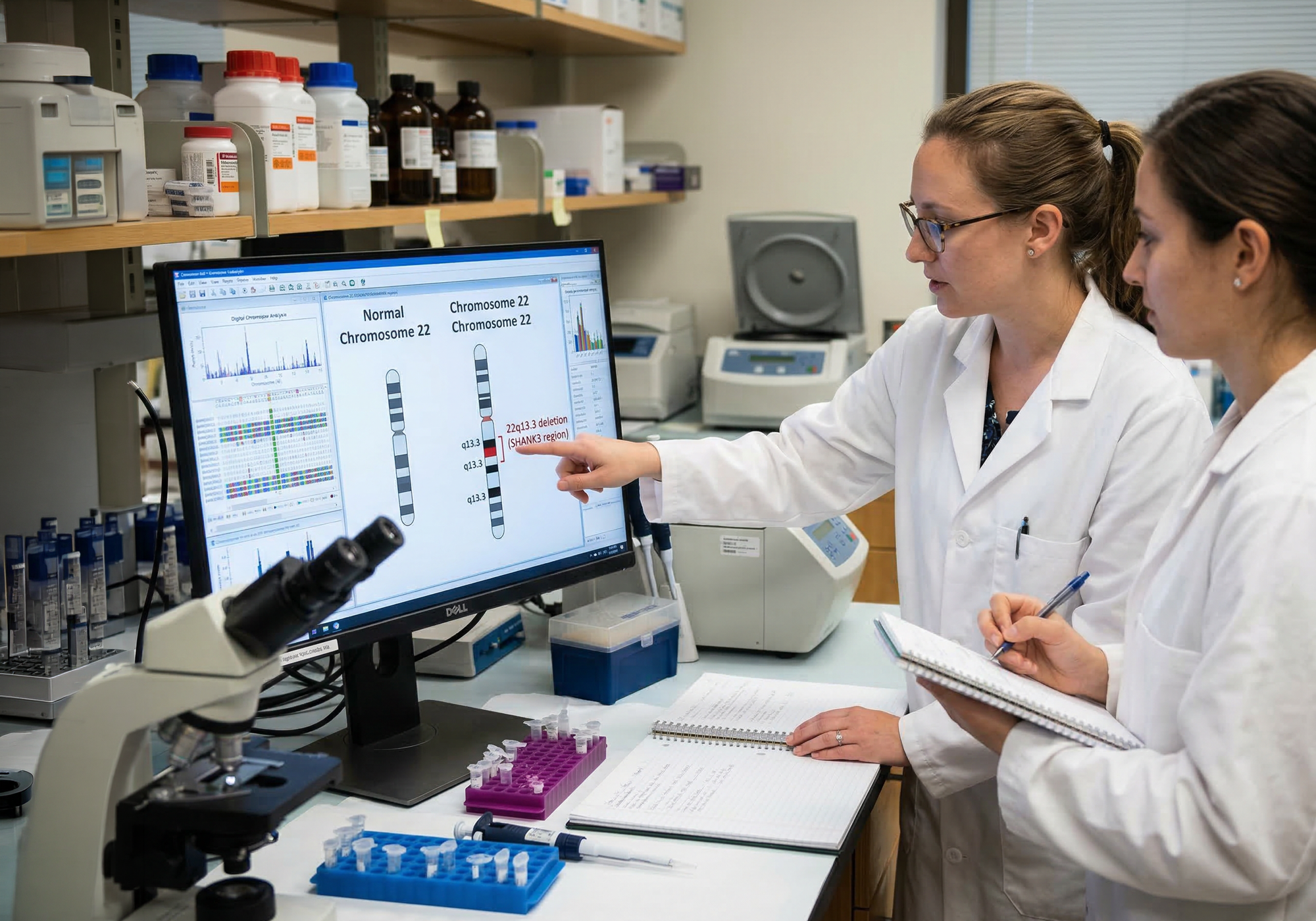 Two scientists in a lab examining data on a computer screen.
