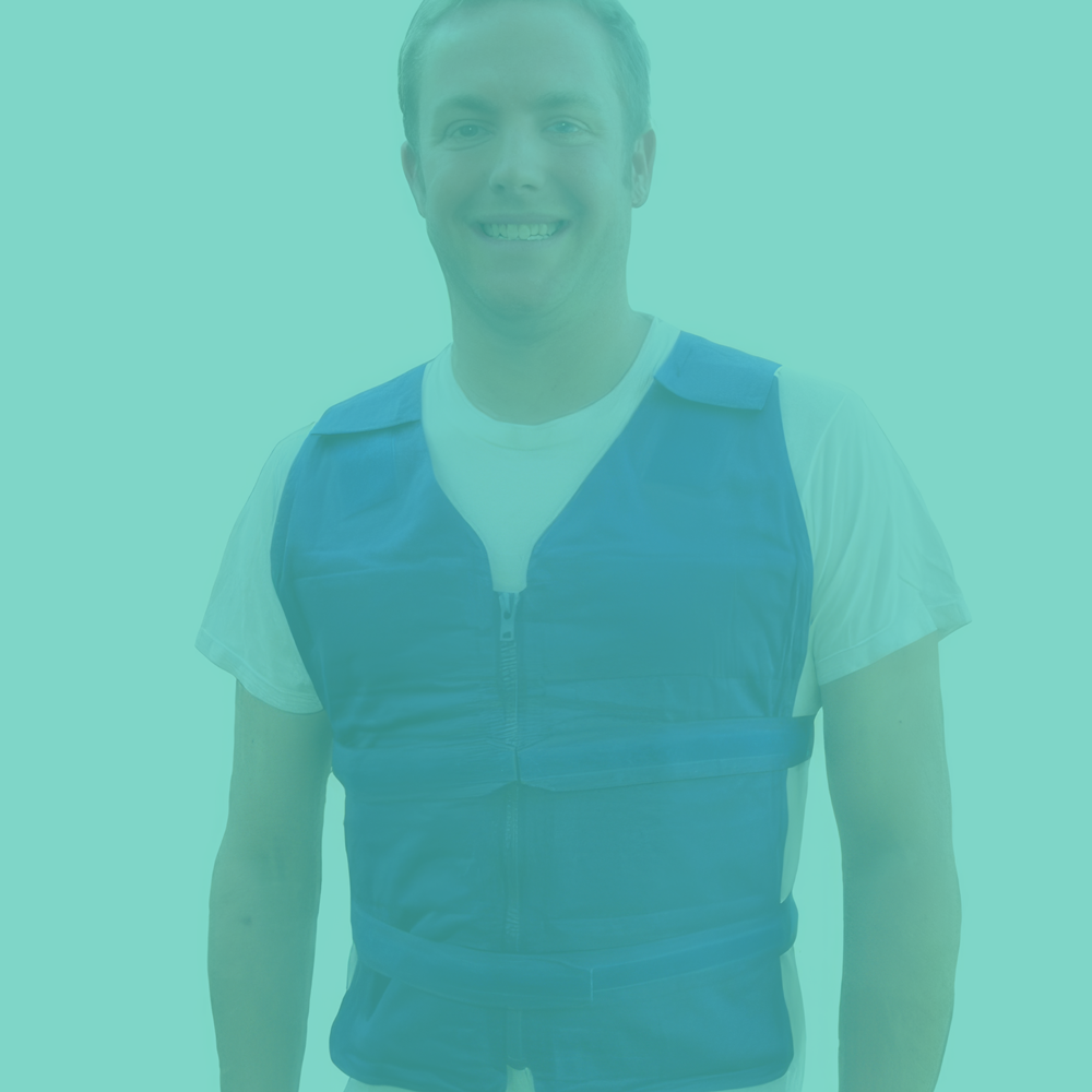 Man wearing a blue adjustable cooling vest with a teal overlay