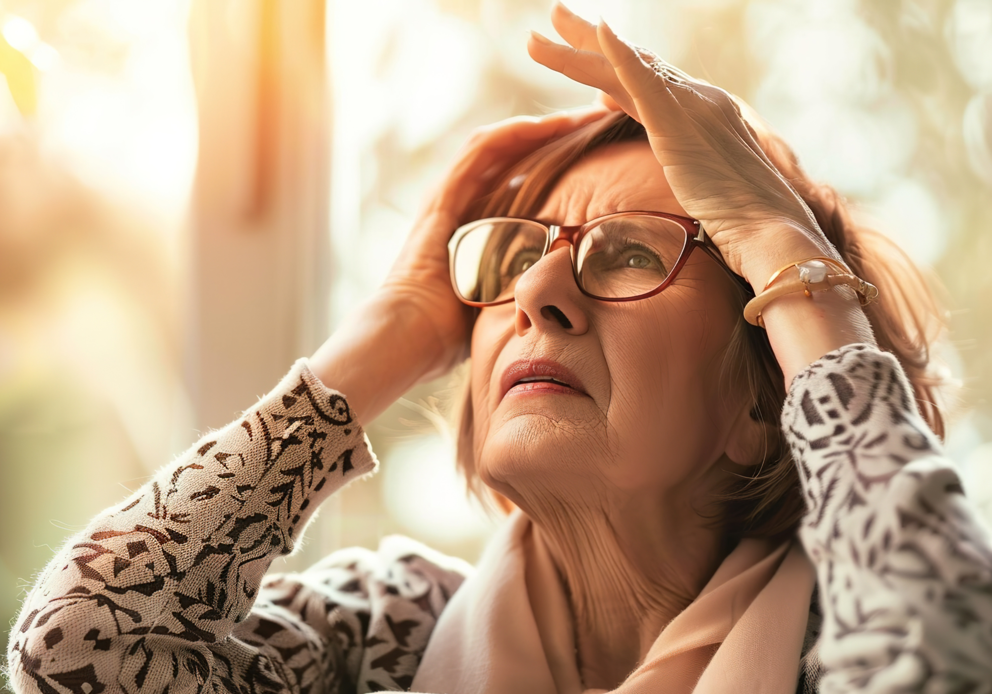 Woman wearing glasses holding her head in pain with a blurred natural background