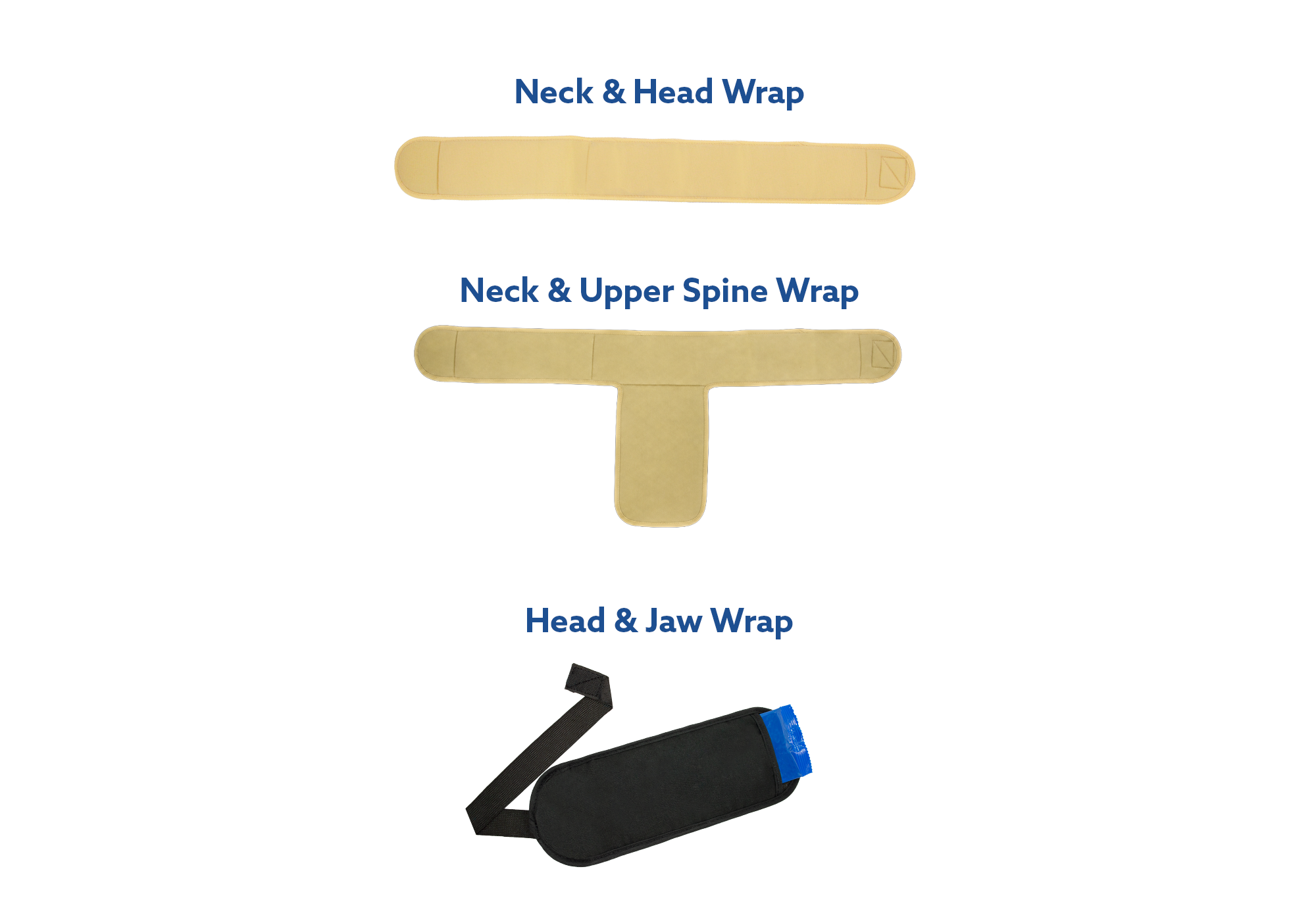 Three Soft Ice® neck wrap are shown on a white background with blue text labels: 'Neck & Head Wrap,' 'Neck & Upper Spine Wrap,' and 'Head & Jaw Wrap.'