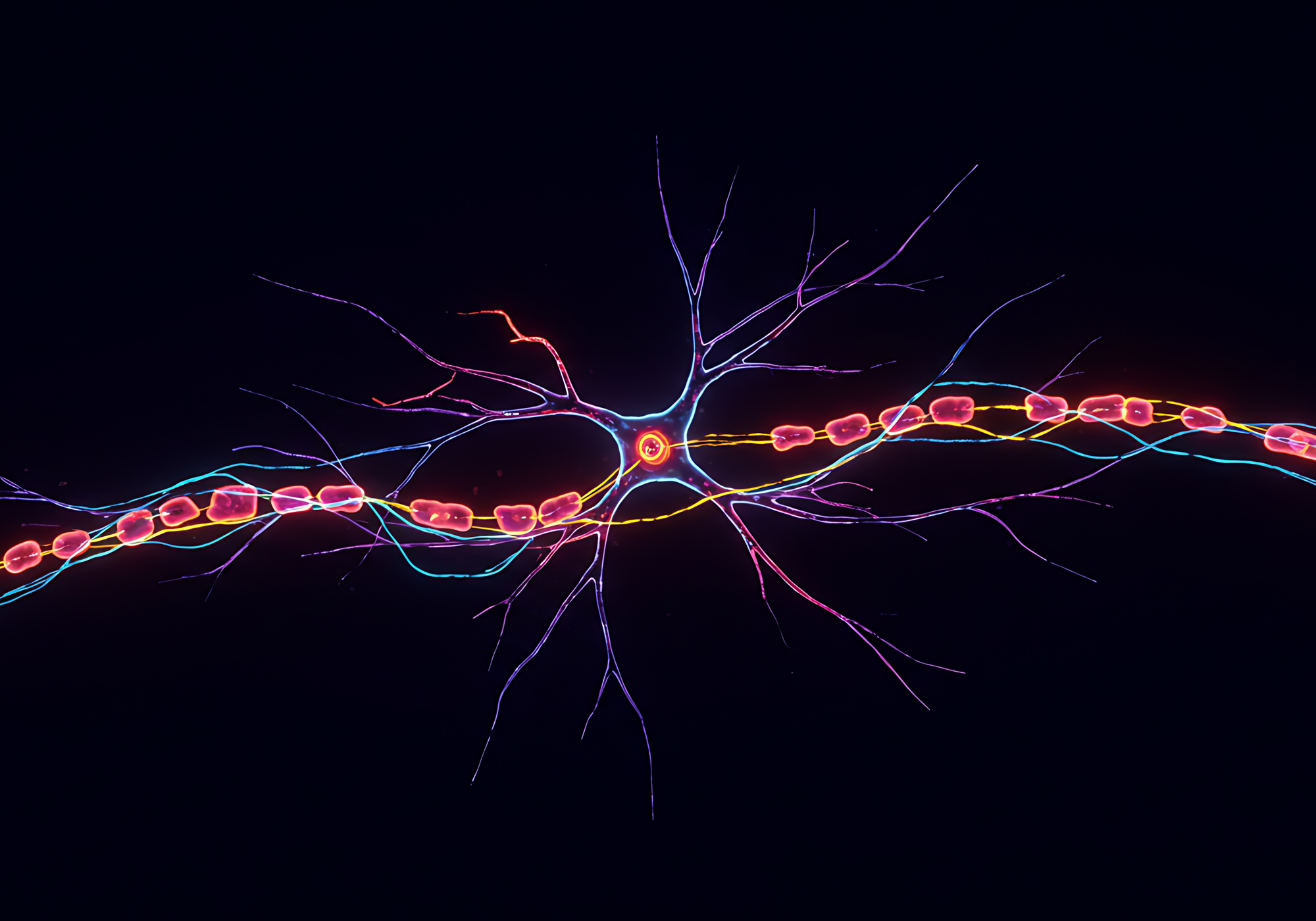 Neuron model with colorful dendrites and axon on a black background