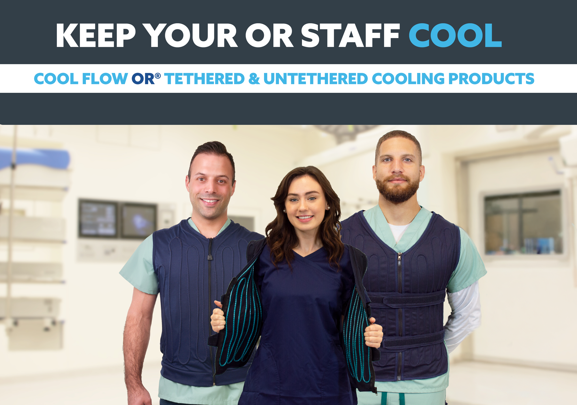 Three healthcare professionals wearing cooling vests with text about cooling products in a hospital setting.