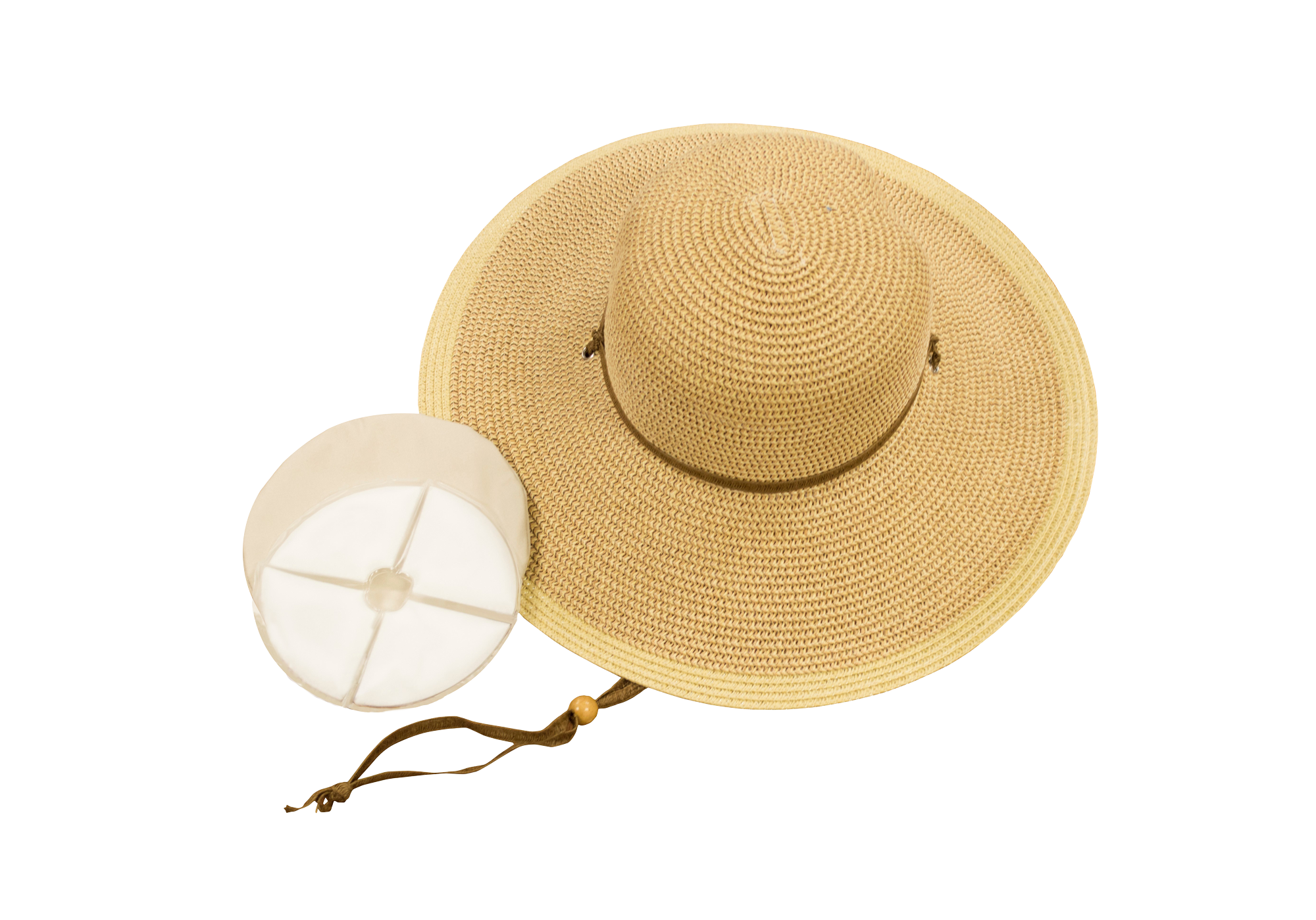 Beige straw sun hat with a cooling pack