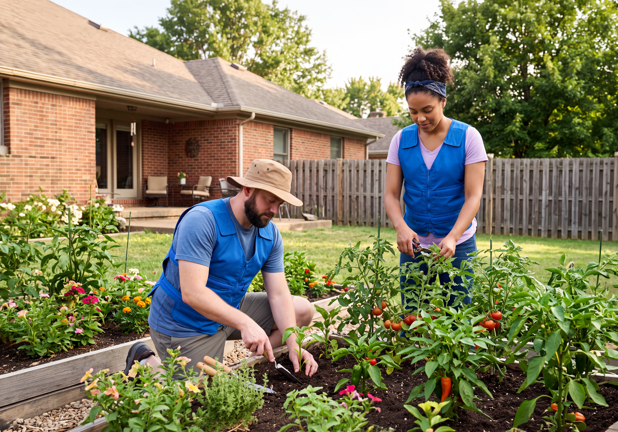 A man and a woman wearing matching blue adjustable cooling vests work together in a backyard garden bed with raised wooden beds, plants, and a brick house in the background.