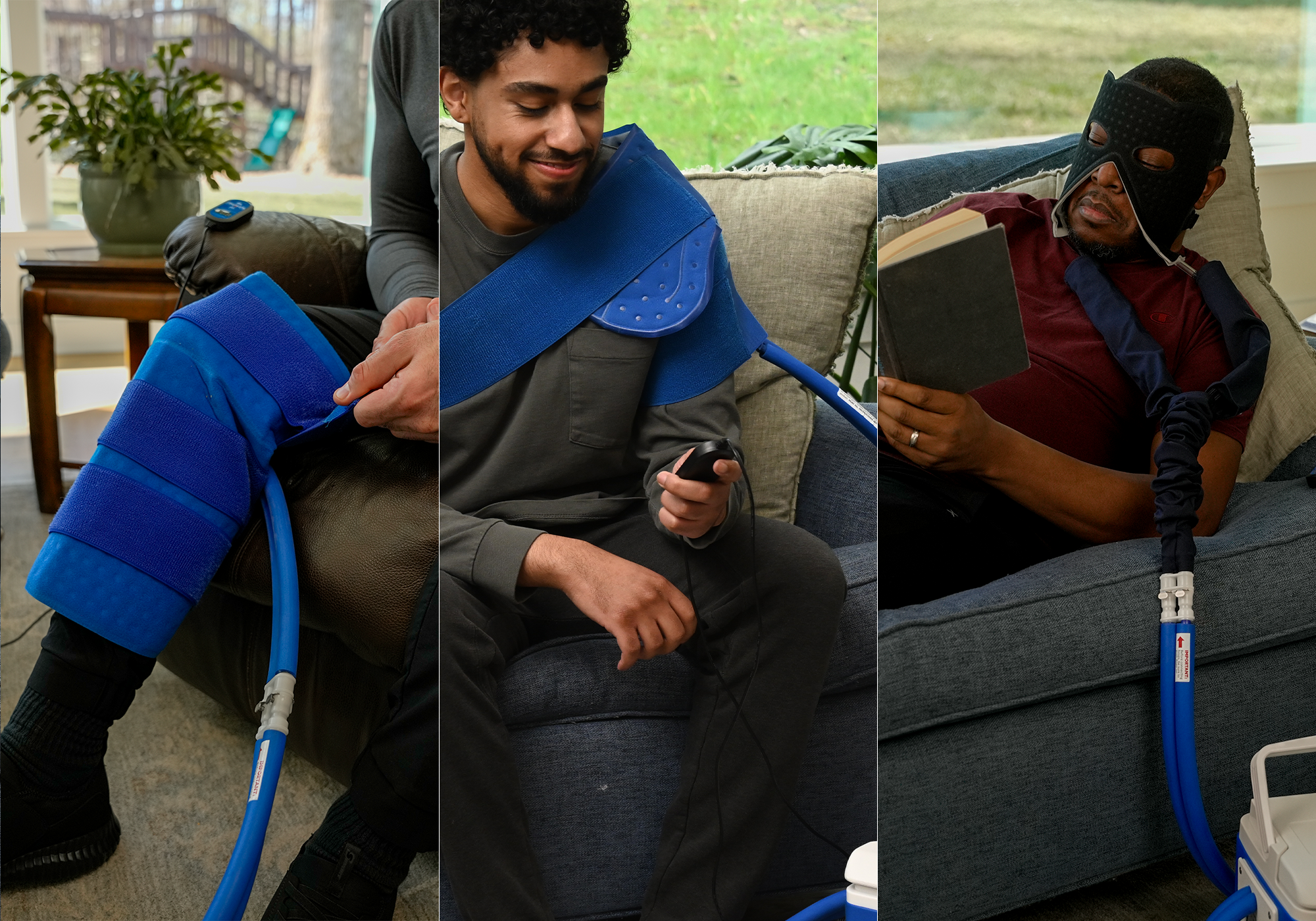Collage of a person using an Active Ice® Cold Therapy System with different therapy pad applications in different living room settings.