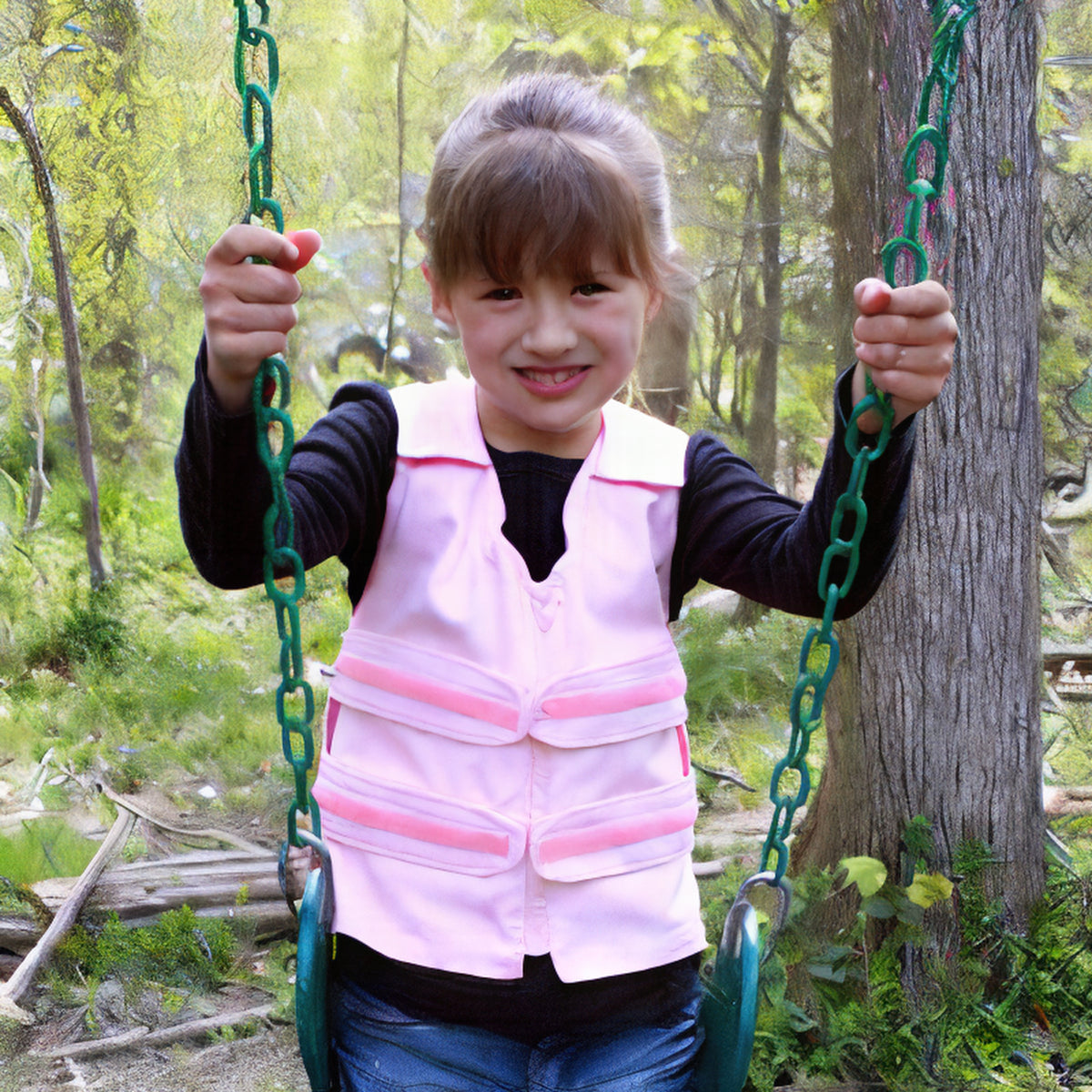 A young girl smiling while sitting on a green swing in a wooded outdoor setting, wearing a pink adjustable cooling vest over a black long-sleeve shirt.