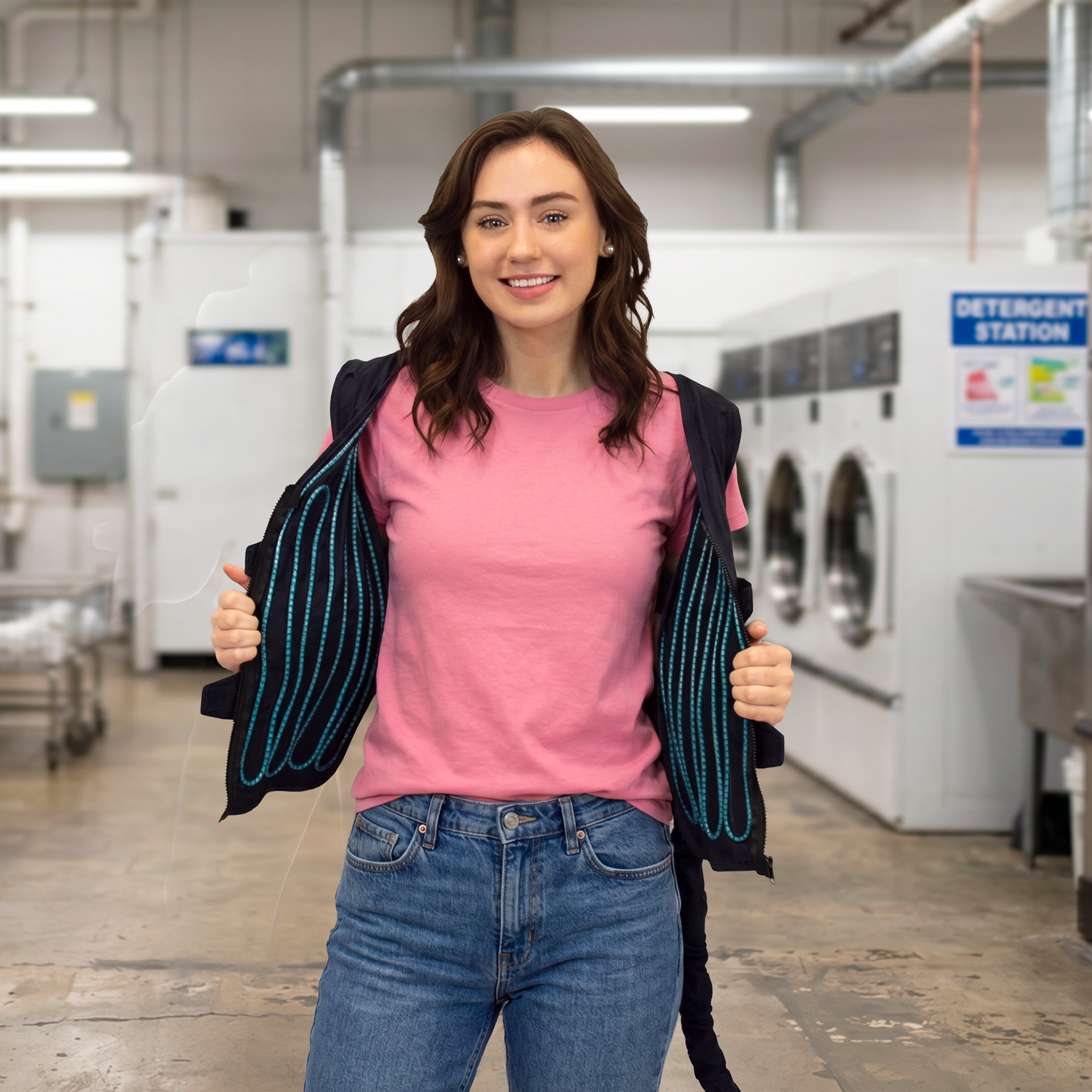 Woman in a pink shirt holding open an adjustable circulating cooling vest in a laundromat setting.