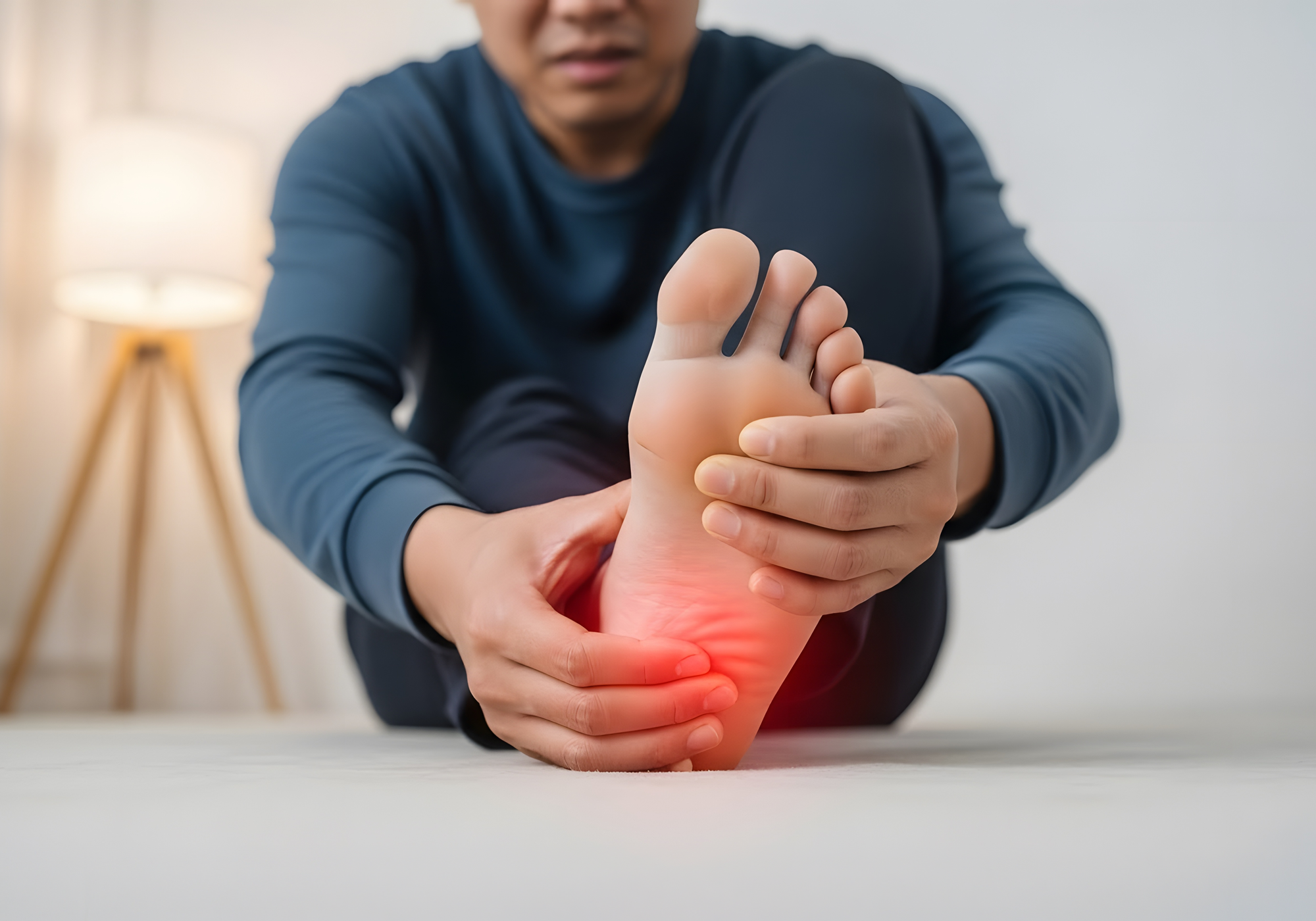 Person holding their foot with visible pain, possibly due to a foot condition.