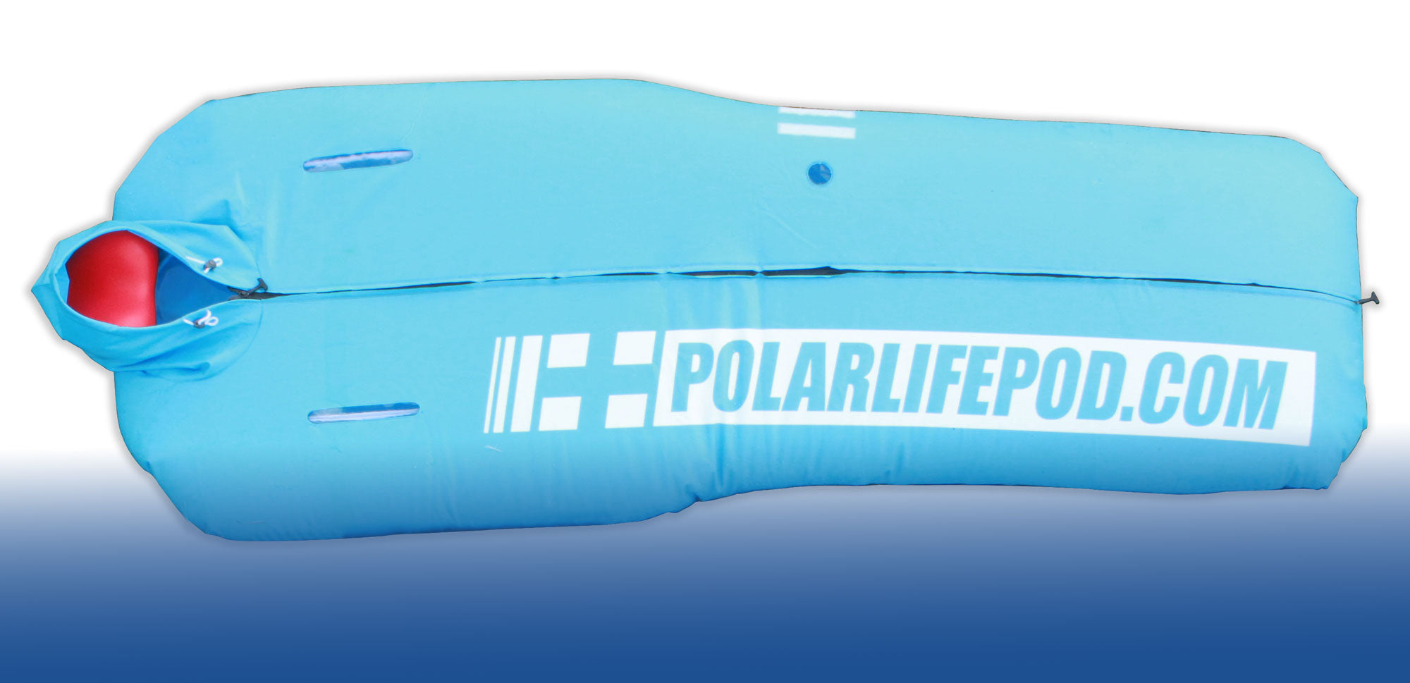Blue cold water immersion device bodybag with 'PolarLifePod.com' branding on a white background