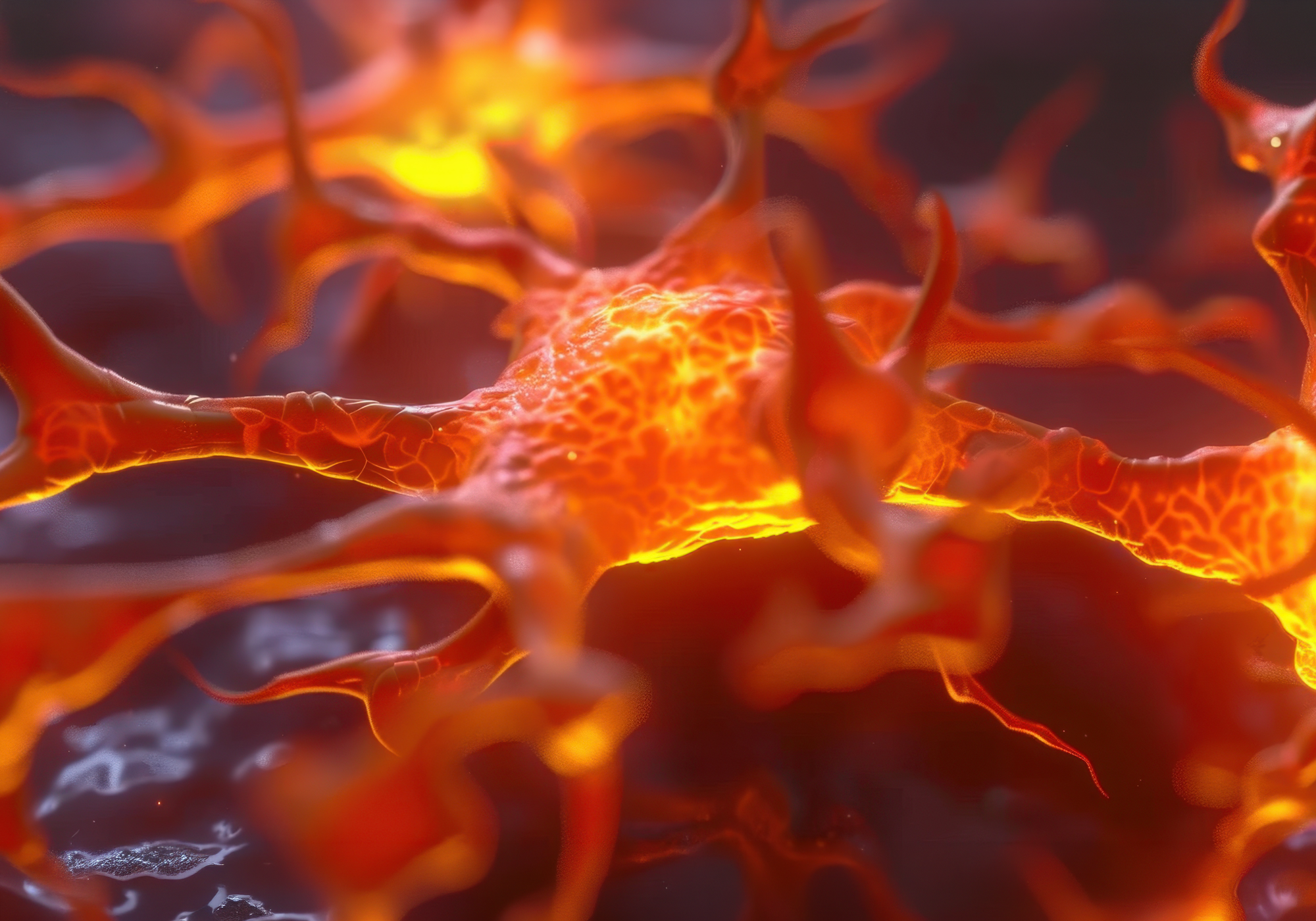 Close-up of a neuron with a fiery orange glow on a dark background
