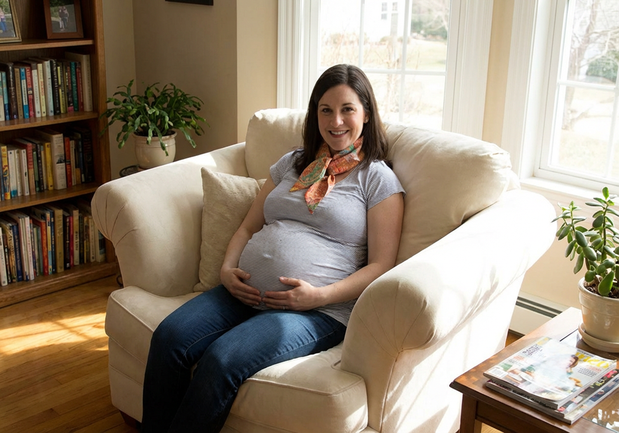 Pregnant woman sitting on a couch in a cozy living room.