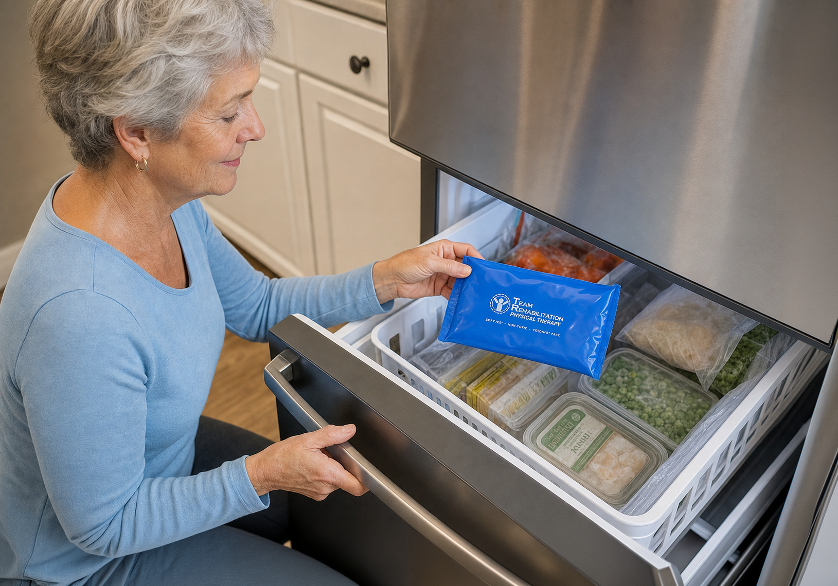 An older woman in a light blue long-sleeve top is shown kneeling in front of an open stainless steel refrigerator, holding a blue Soft Ice® package. The refrigerator drawer is open, revealing various frozen containers of vegetables and meats inside.