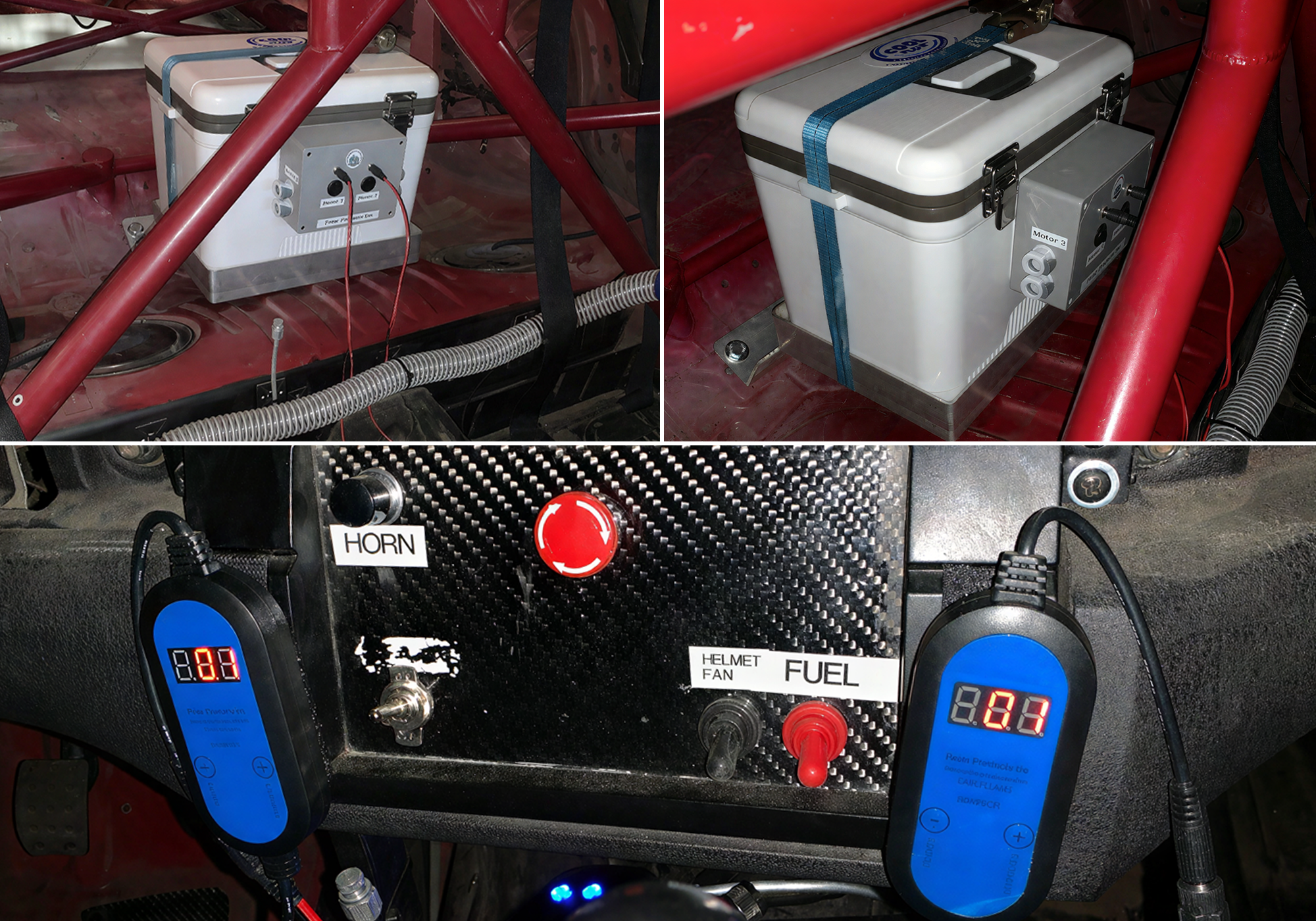 A collage showing a white cool flow® cooling reservoir mounted inside a red roll cage, and a close-up of an electronic control panel with two blue digital devices attached near the horn, helmet fan, and fuel port.