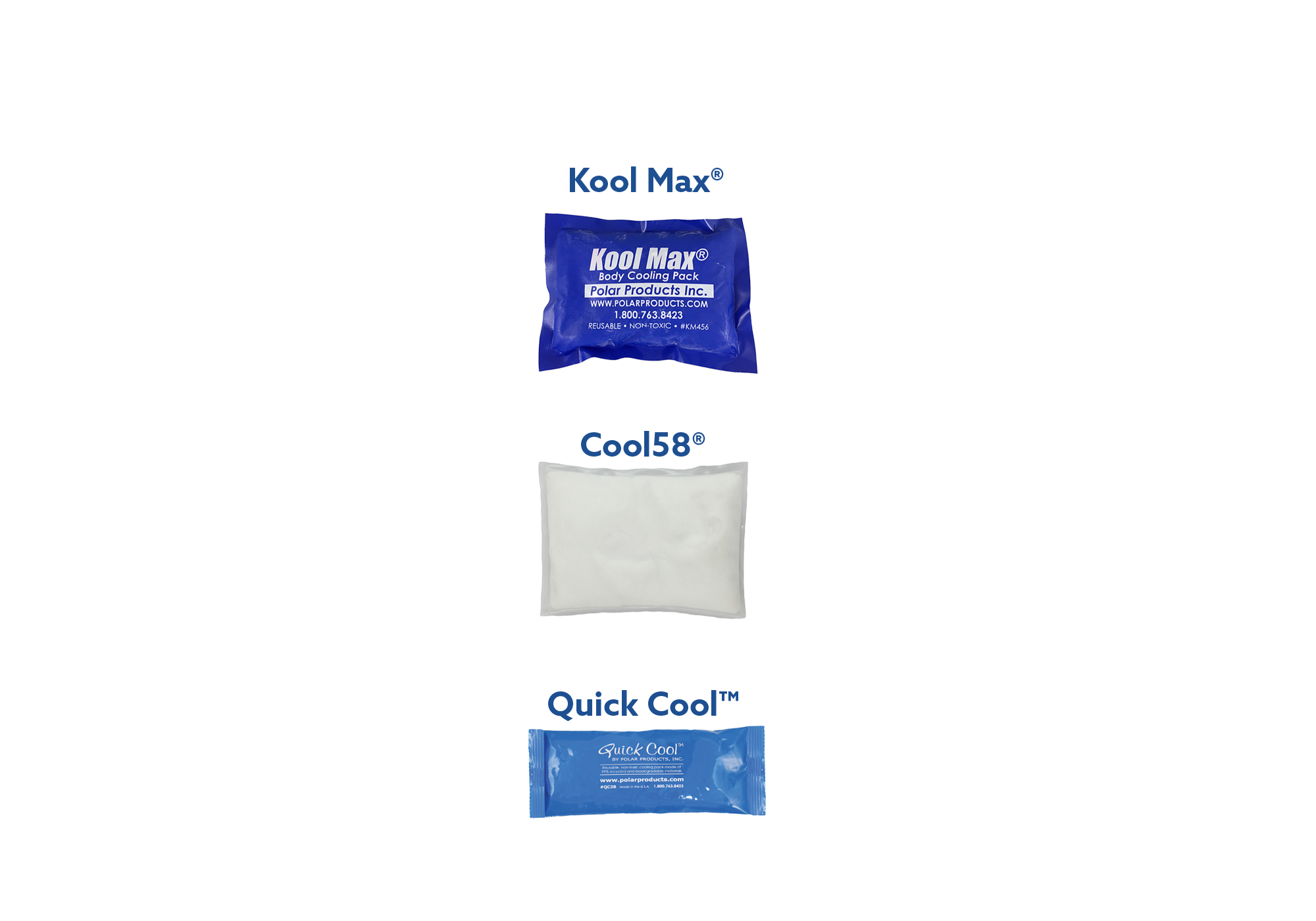 Three different cooling packs labeled Kool Max, Cool58, and Quick Cool on a white background.