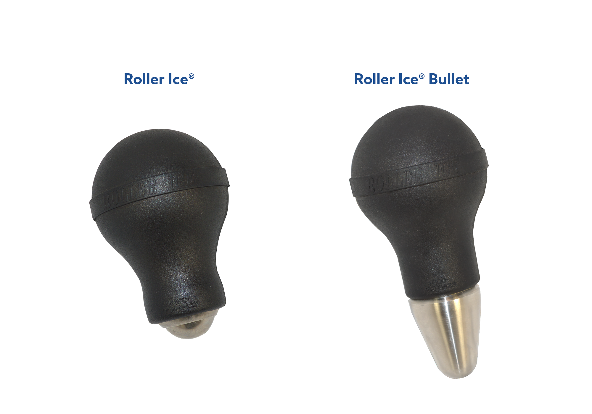 Two black roller ice tools on a white background, labeled 'Roller Ice' and 'Roller Ice Bullet', with the right tool showing a silver metal tip.