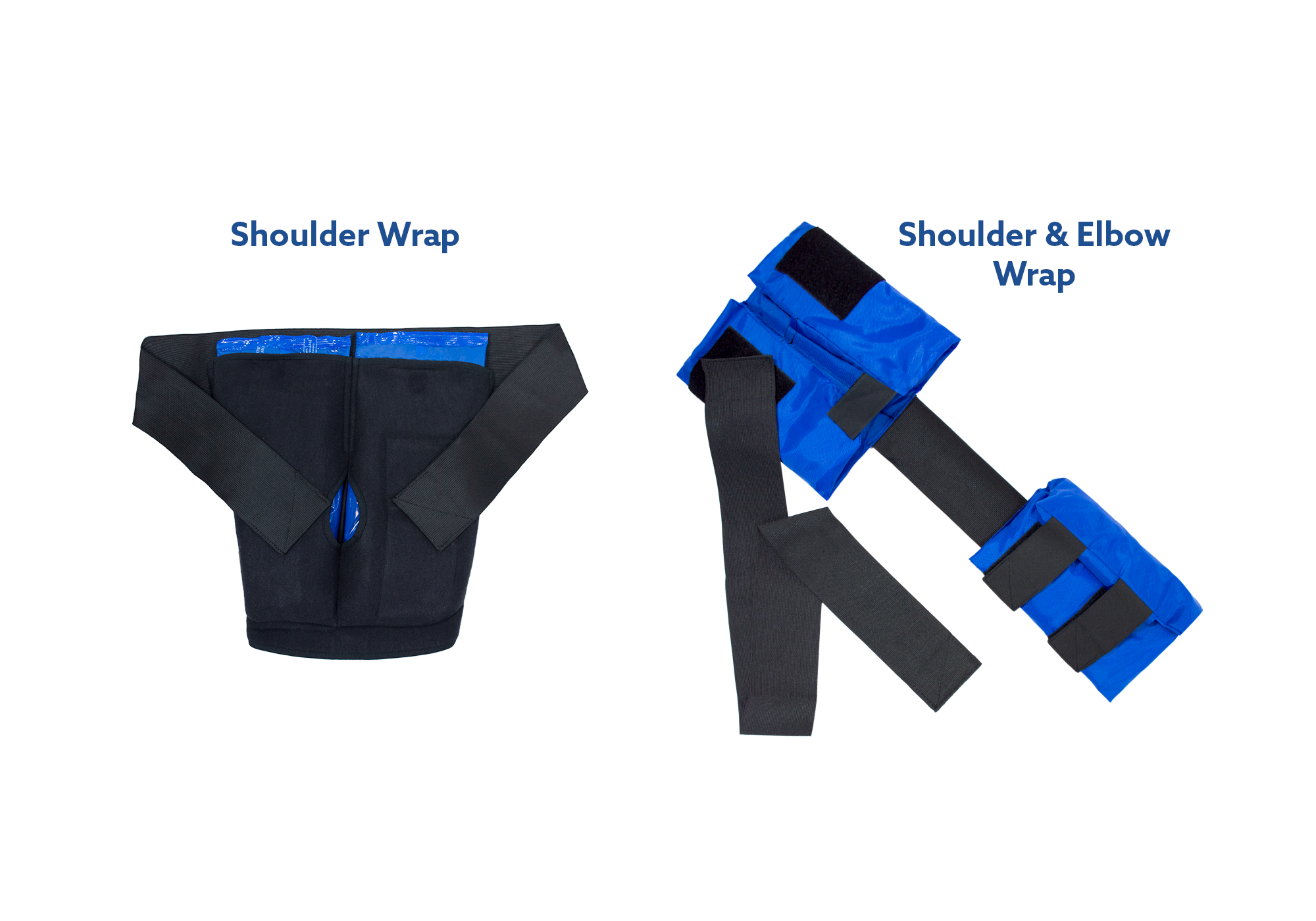 Two Soft Ice® shoulder wraps shown on a white background: a black shoulder wrap on the left labeled 'Shoulder Wrap' and a black and blue shoulder and elbow wrap on the right labeled 'Shoulder & Elbow Wrap'.