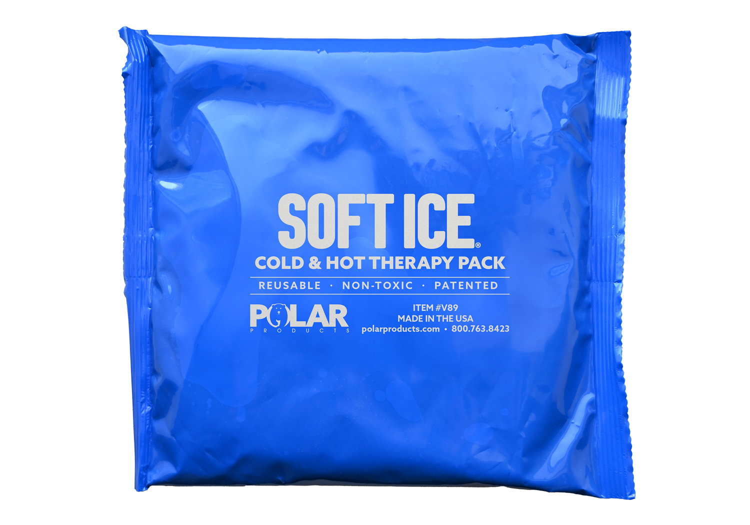 Blue soft ice cold and hot therapy pack with Polar branding on a white background