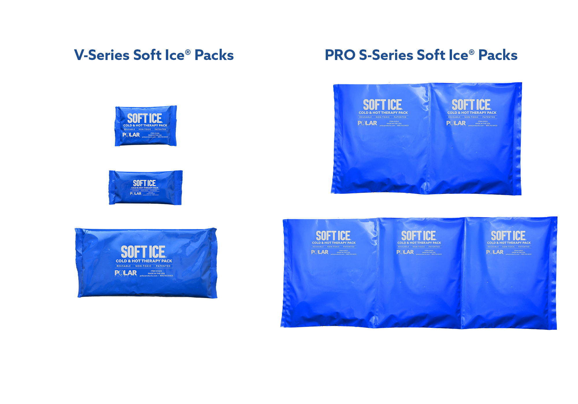 Blue SOFT ICE® cold & hot therapy pack branded cooling packs shown in multiple sizes, labeled V-Series Soft Ice Packs on the left and PRO S-Series Soft Ice Packs on the right, on a white background.