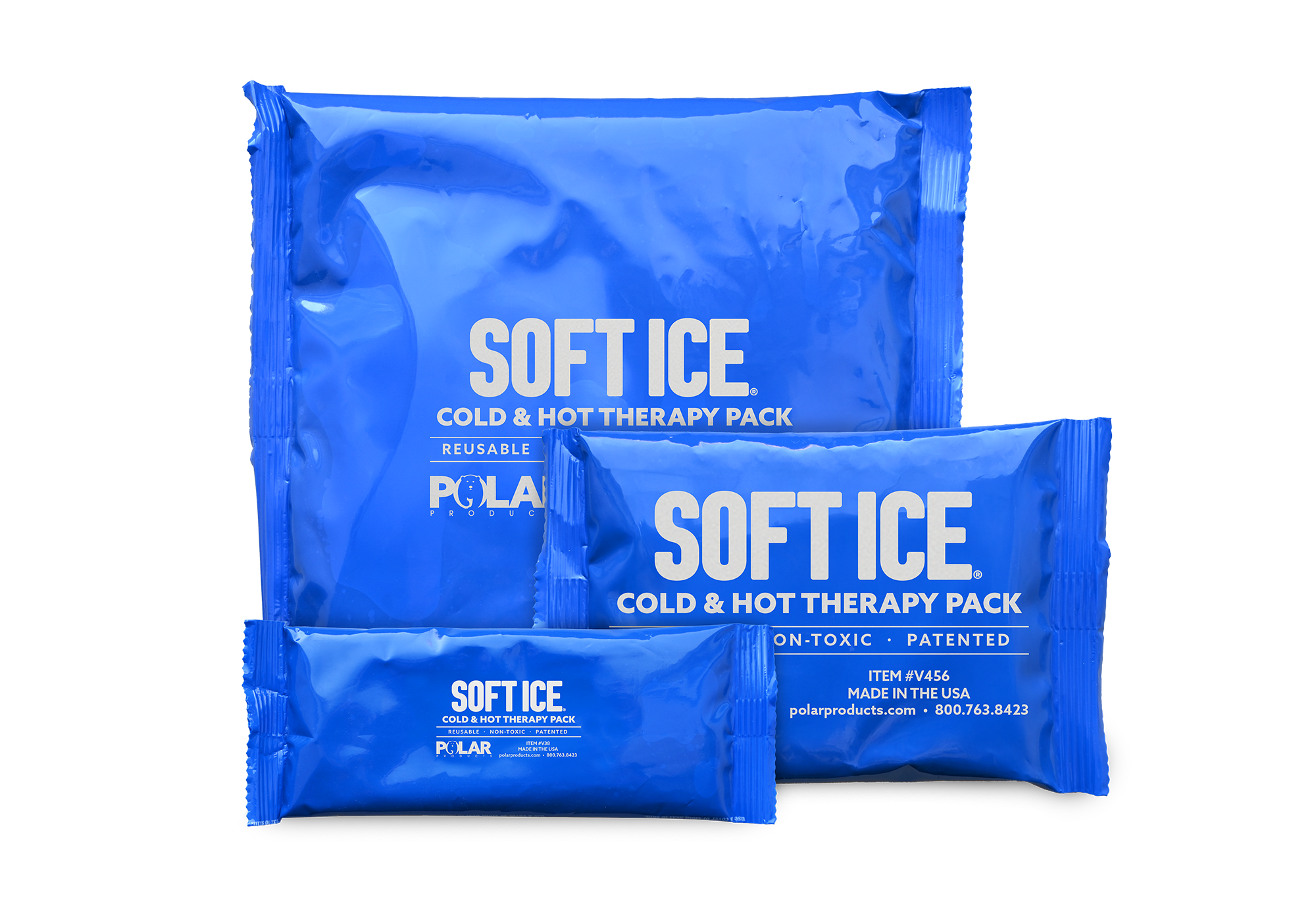 Three blue reusable soft ice cold and hot therapy packs from POLAR products, displayed on a clean white background.