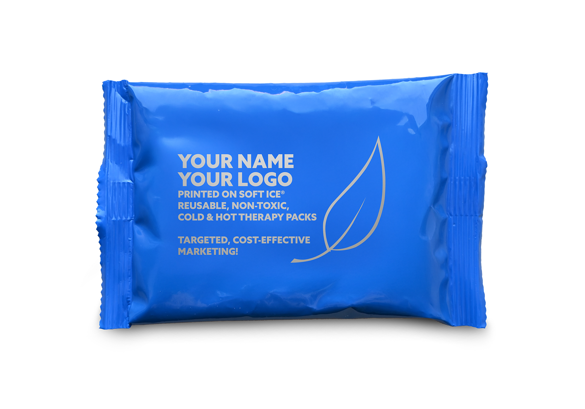A blue reusable cold and hot therapy pack with white placeholder text reading 'YOUR NAME YOUR LOGO' and a white leaf outline, shown on a plain white background.