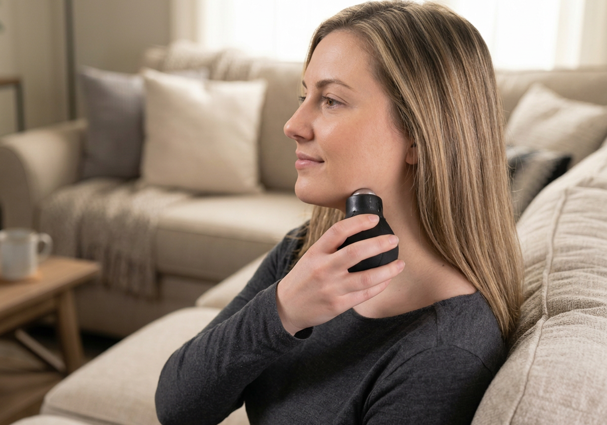 A woman with long brown hair sits on a beige sofa in a living room, using a black handheld Roller Ice trigger point massage tool on her neck. The background shows a softly blurred living room with a couch and pillows.