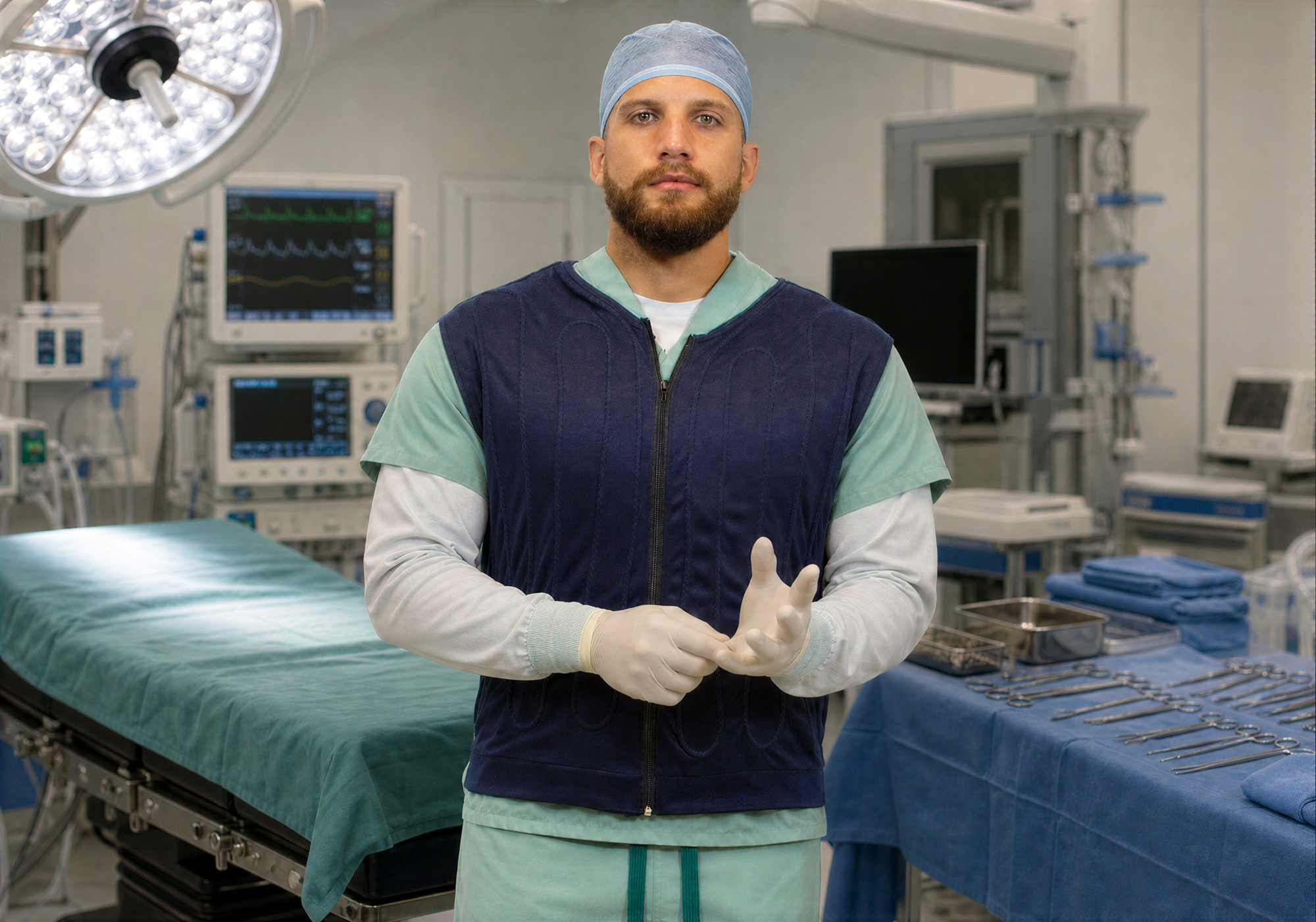 Doctor in an operating room with medical equipment in the background wearing a fitted circulating cooling water vest.