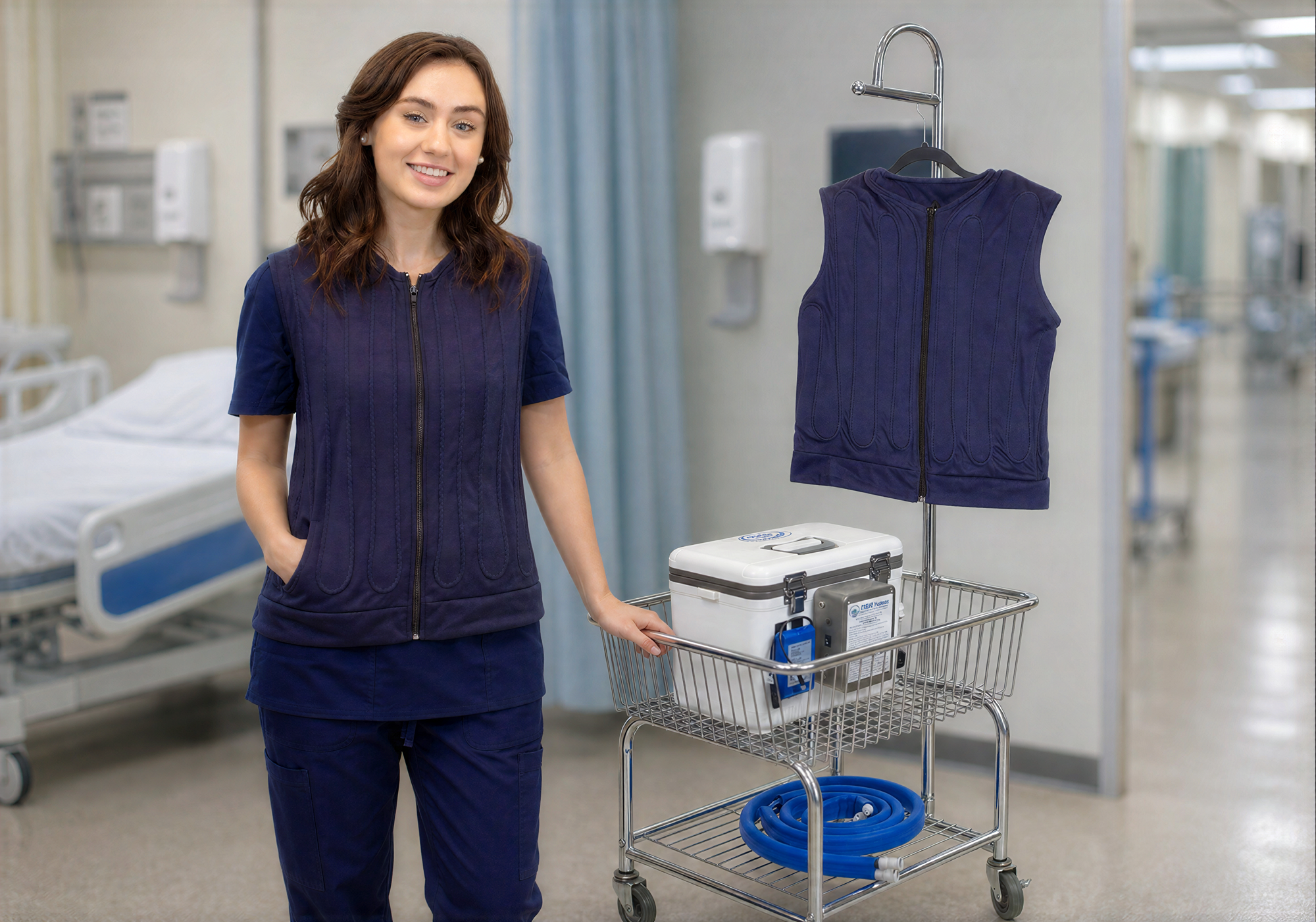 Nurse in a hospital setting with a cart containing a Cool Flow OR® cooling reservoir with a hanging fitted cooling circulating water vest