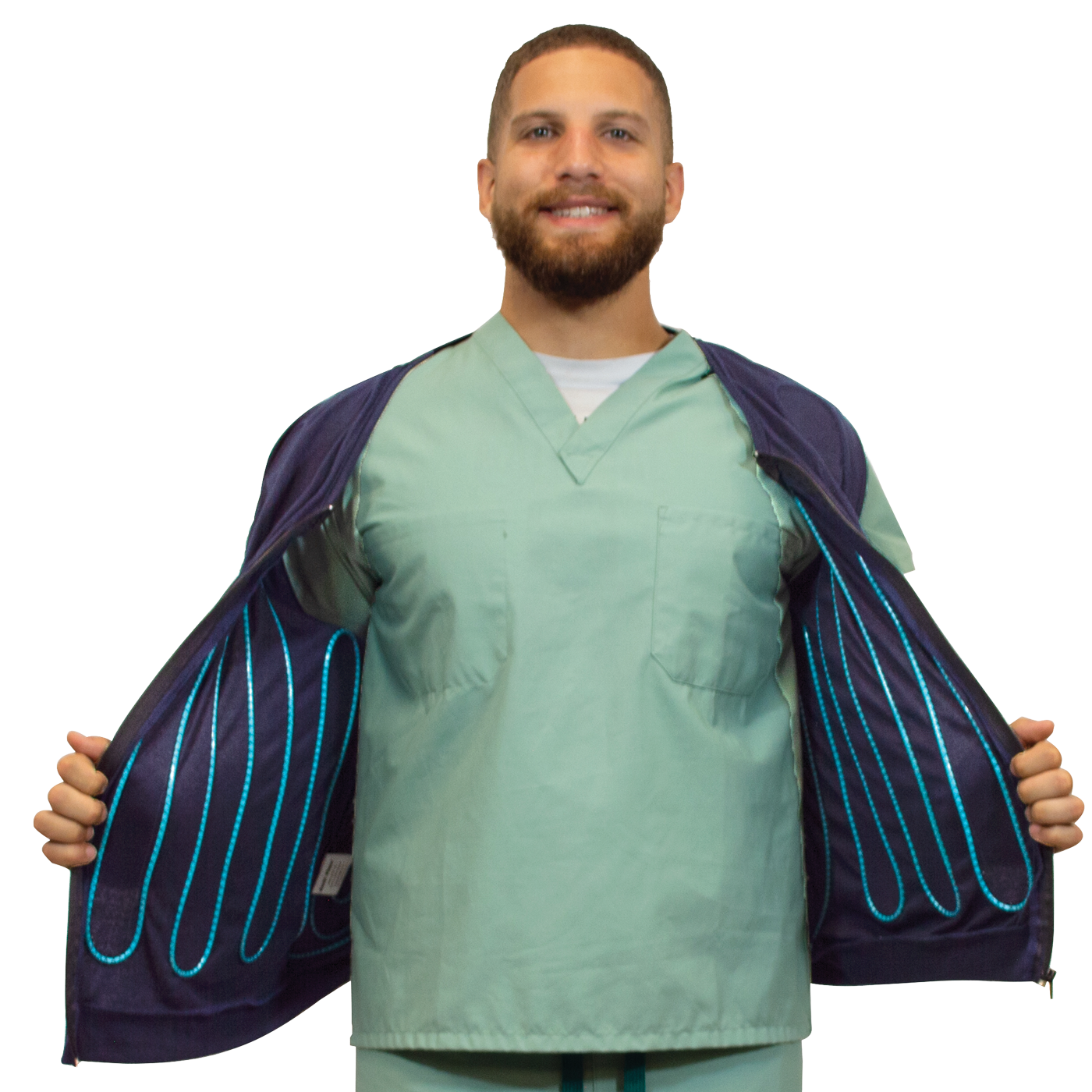 Man wearing a green scrub set while he holds open is navy blue circulating water cooling vest on a white background