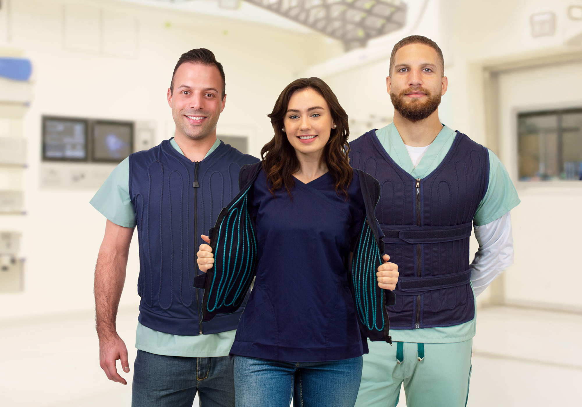 Three people wearing navy blue circulating cooling vests in a hospital setting