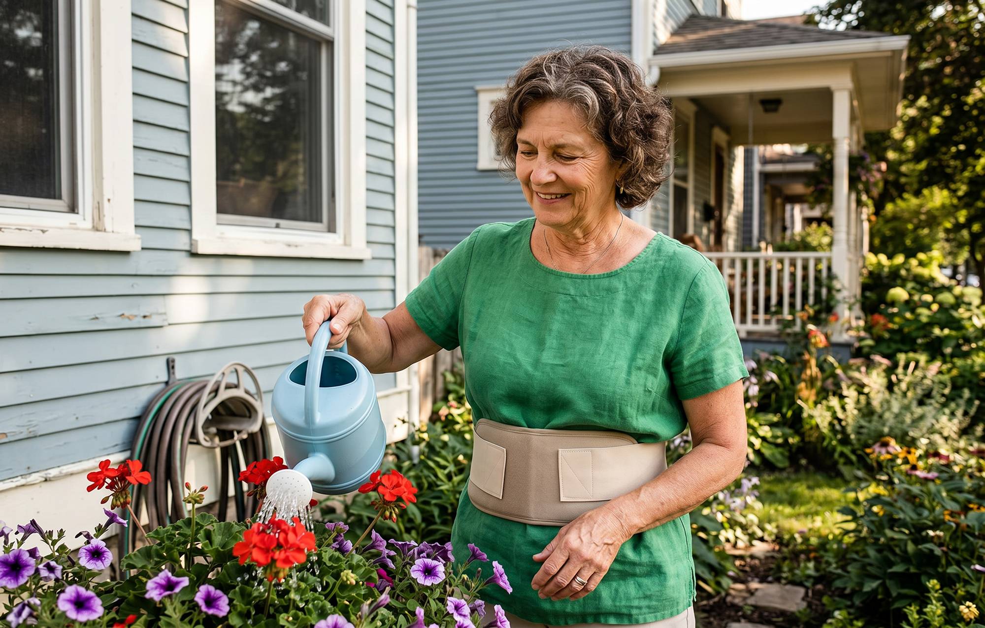 Woman in a green shirt and beige torso cooling wrap tending to flowers in a garden with blue houses in the background.