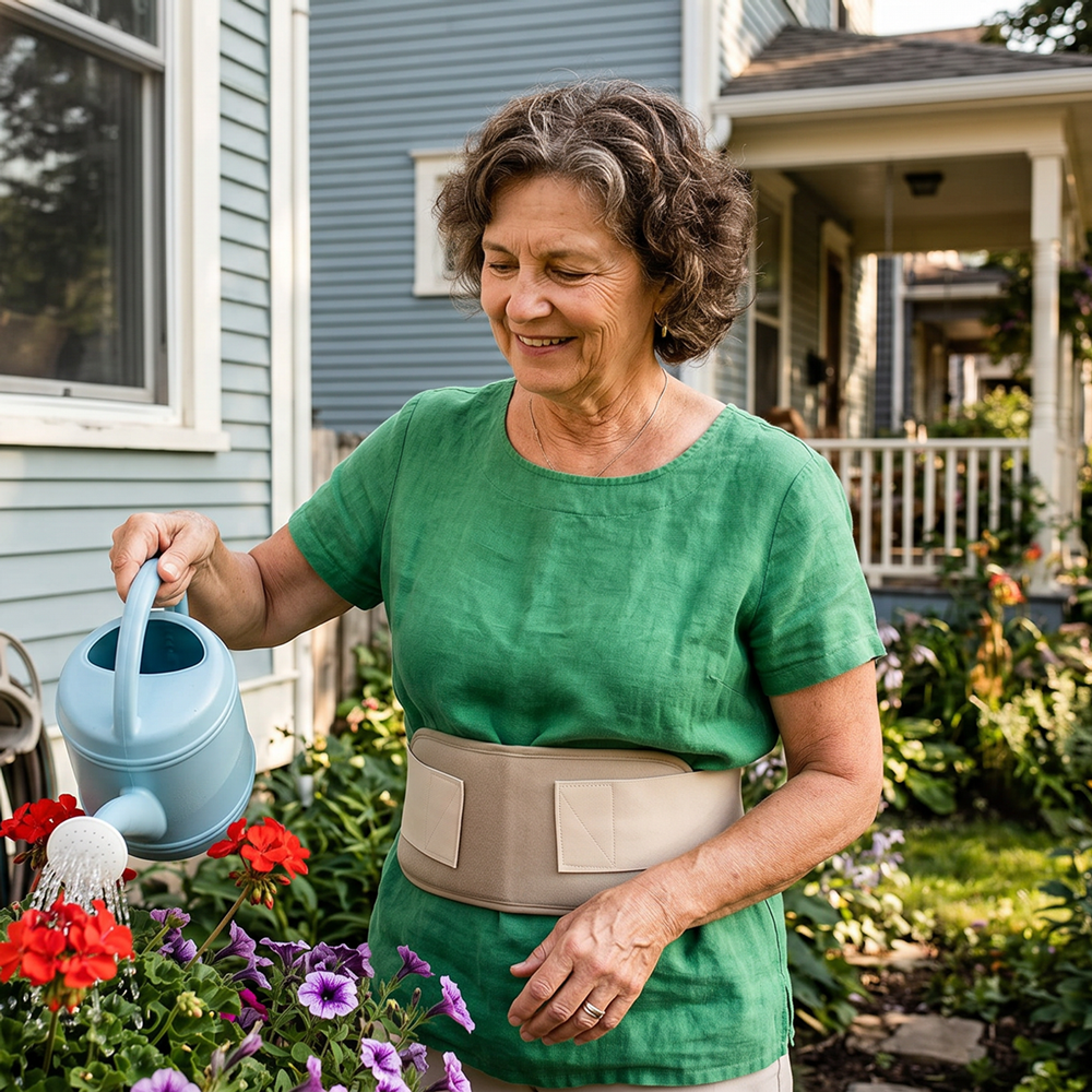 Woman in a green shirt watering flowers in a garden with a house in the background wearing a beige torso cooling wraparound her waist.